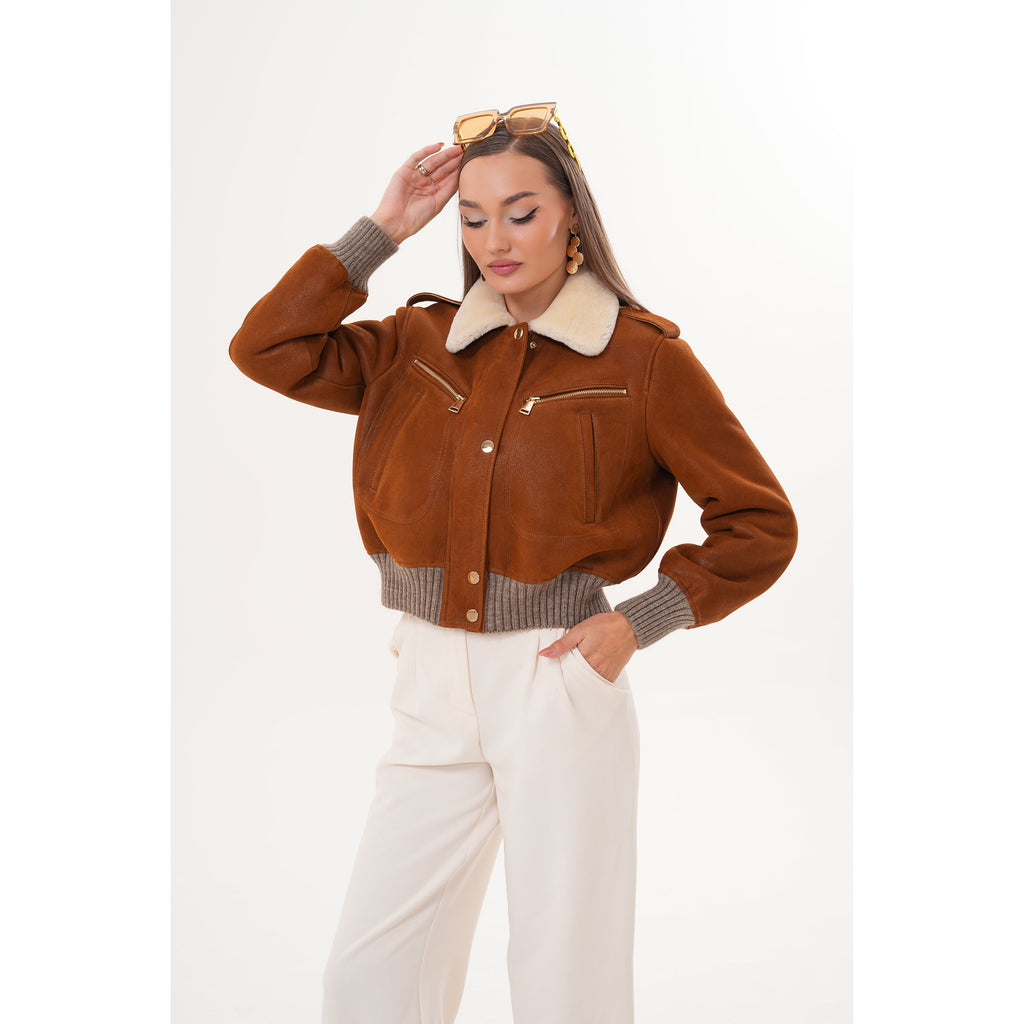 The Amber Shearling Collar Suede Women Leather Jacket