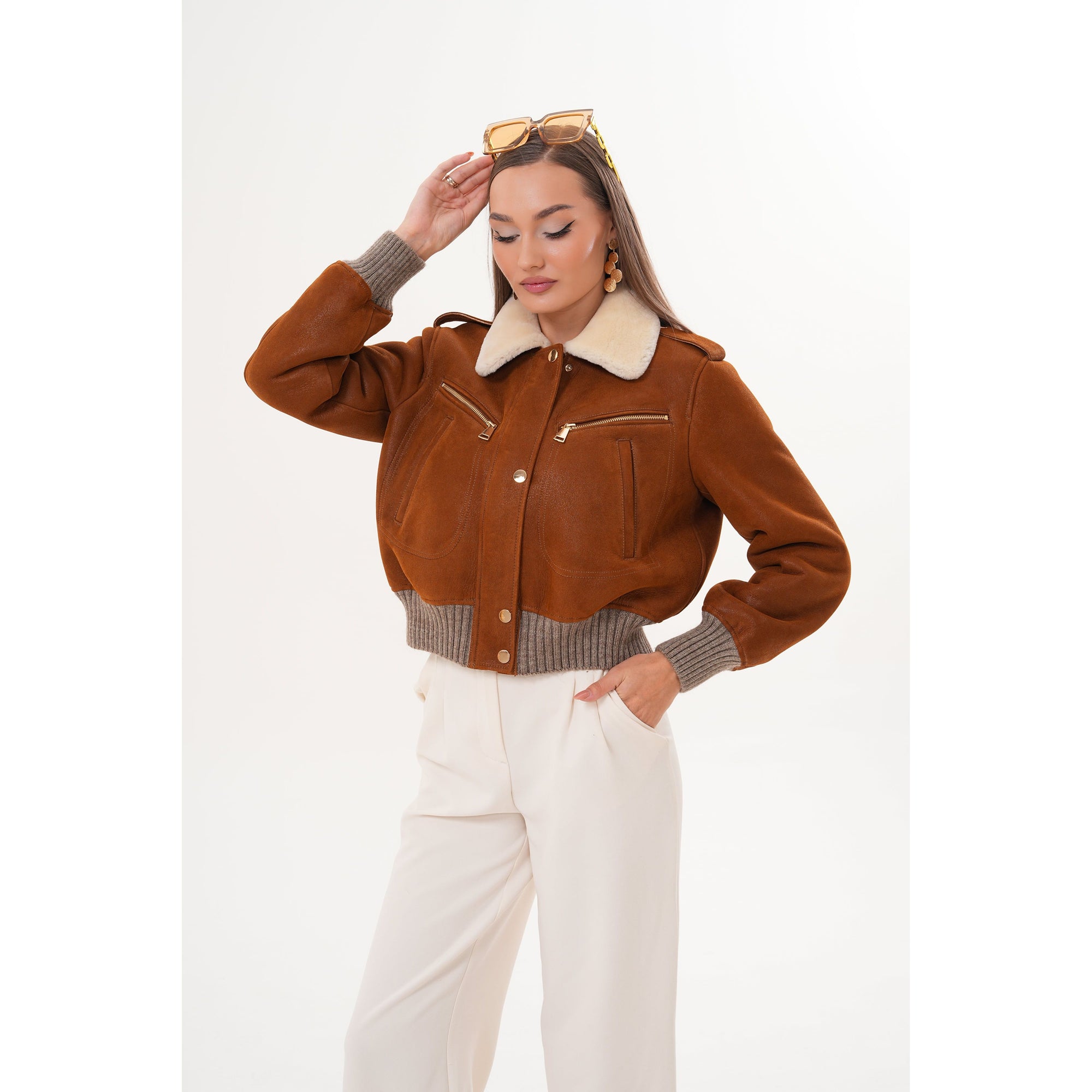 The Amber Shearling Collar Suede Women Leather Jacket