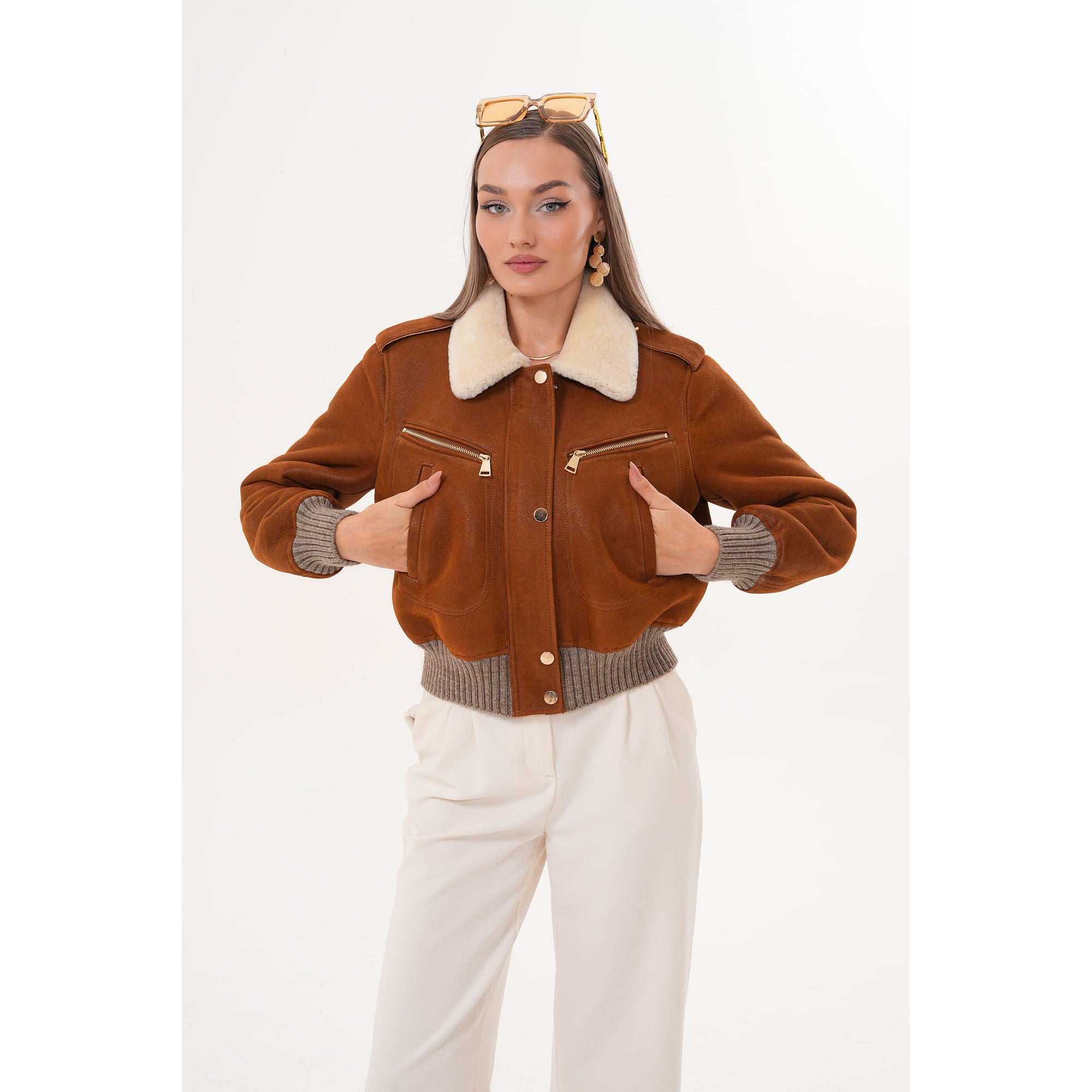 The Amber Shearling Collar Suede Women Leather Jacket