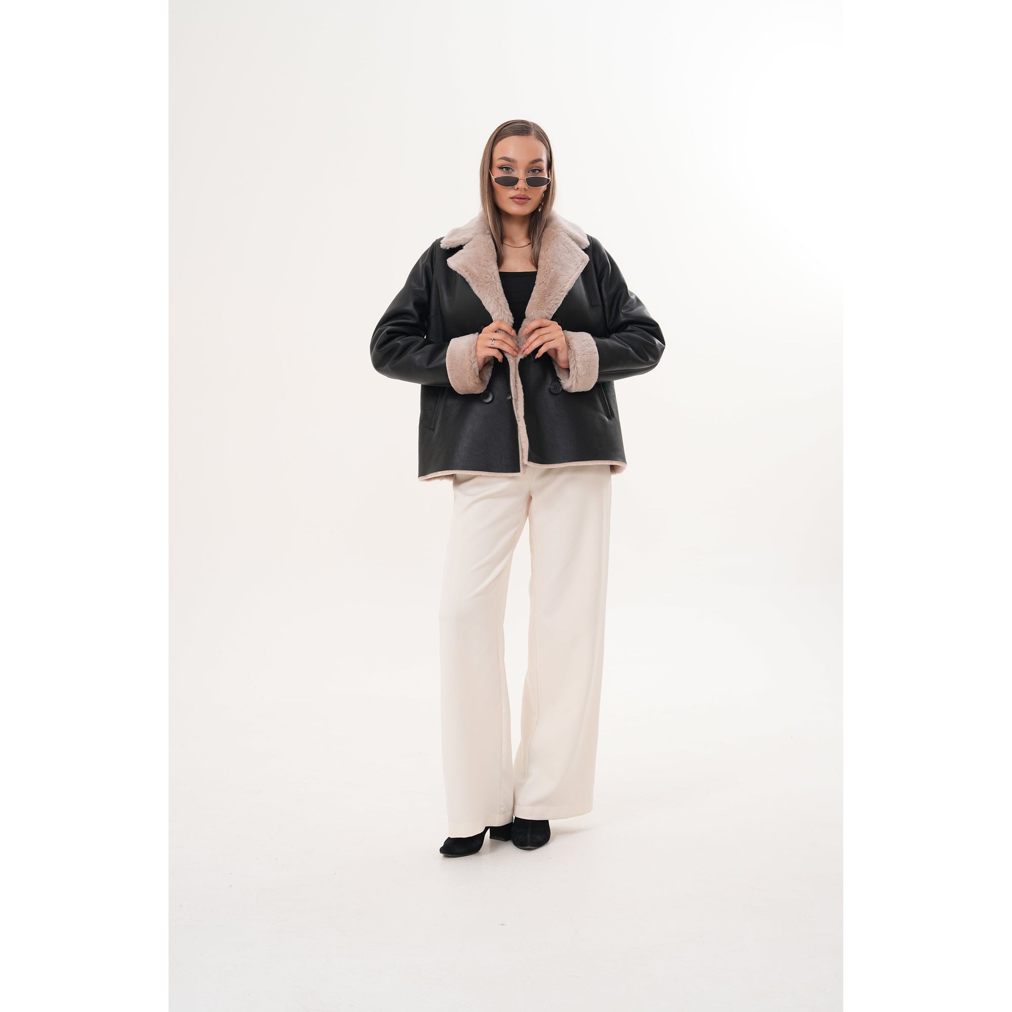 The Zurich Double-Breasted Cream Shearling Collar Leather Women Jacket