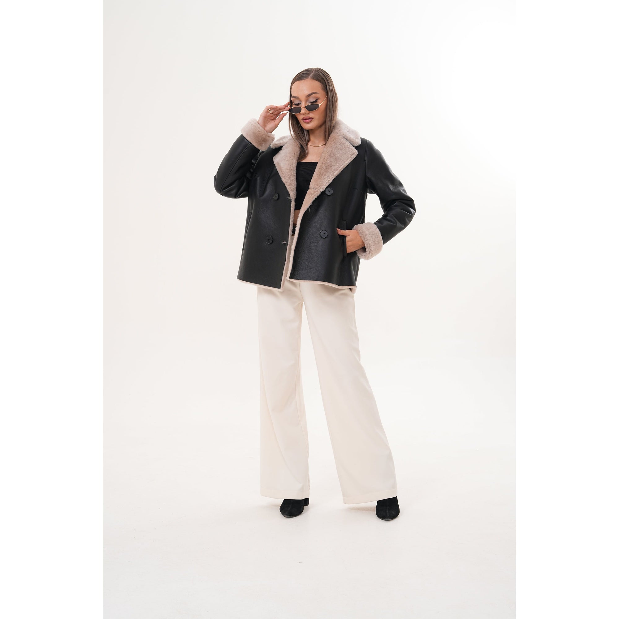 The Zurich Double-Breasted Cream Shearling Collar Leather Women Jacket