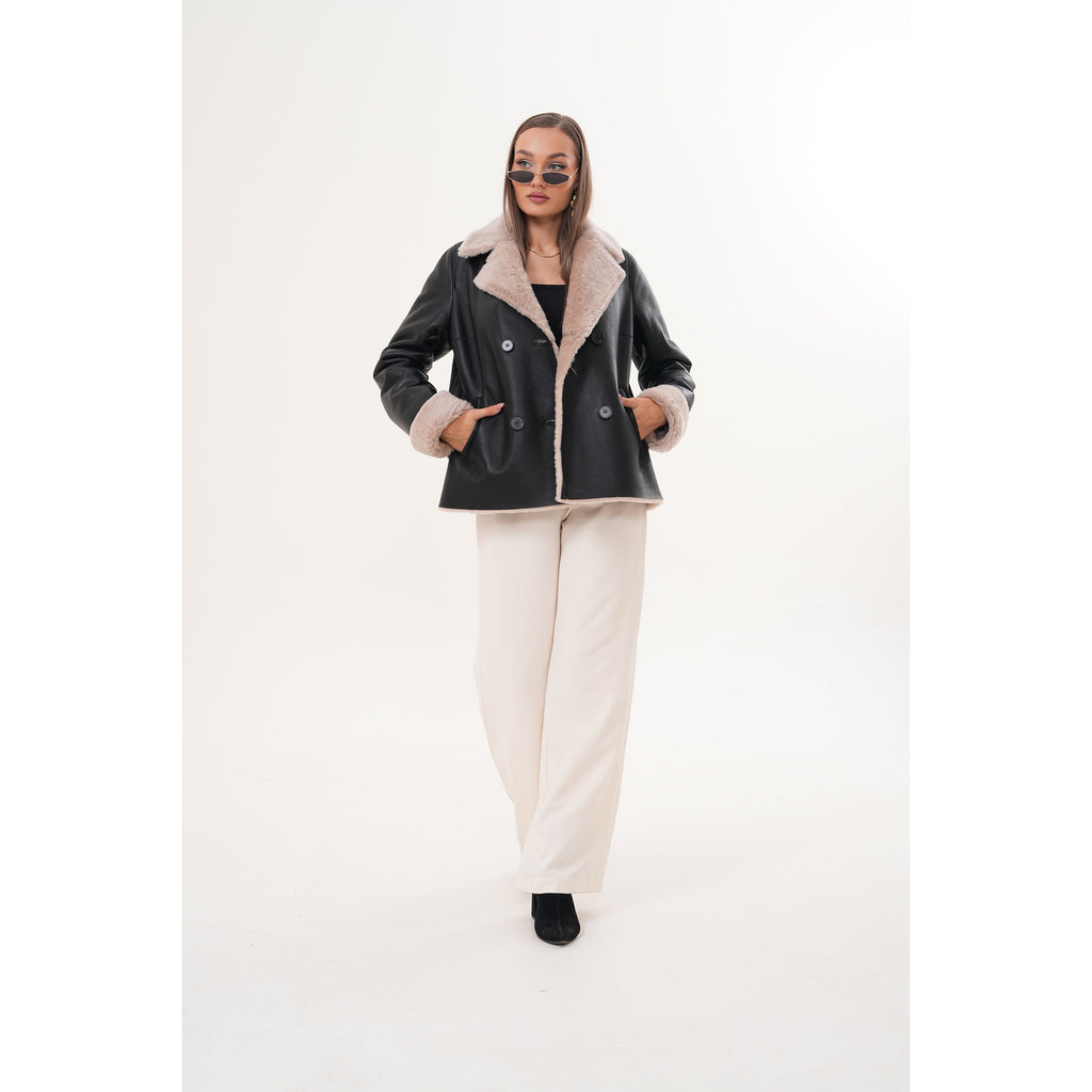 The Zurich Double-Breasted Cream Shearling Collar Leather Women Jacket