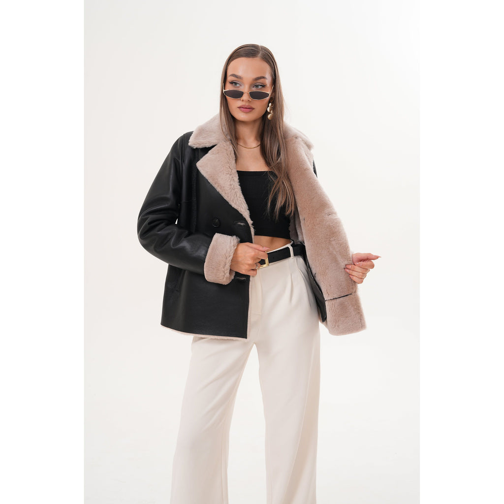 The Zurich Double-Breasted Cream Shearling Collar Leather Women Jacket