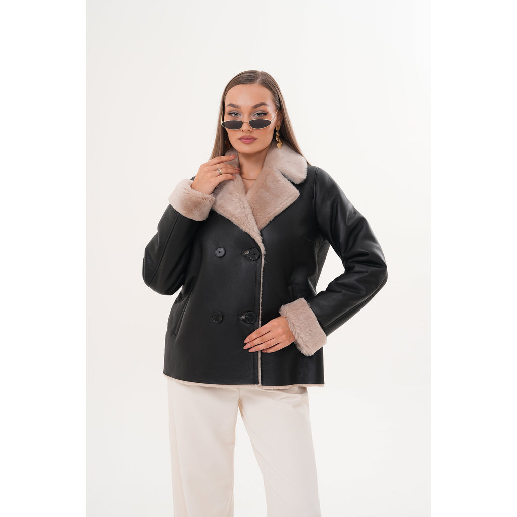 The Zurich Double-Breasted Cream Shearling Collar Leather Women Jacket