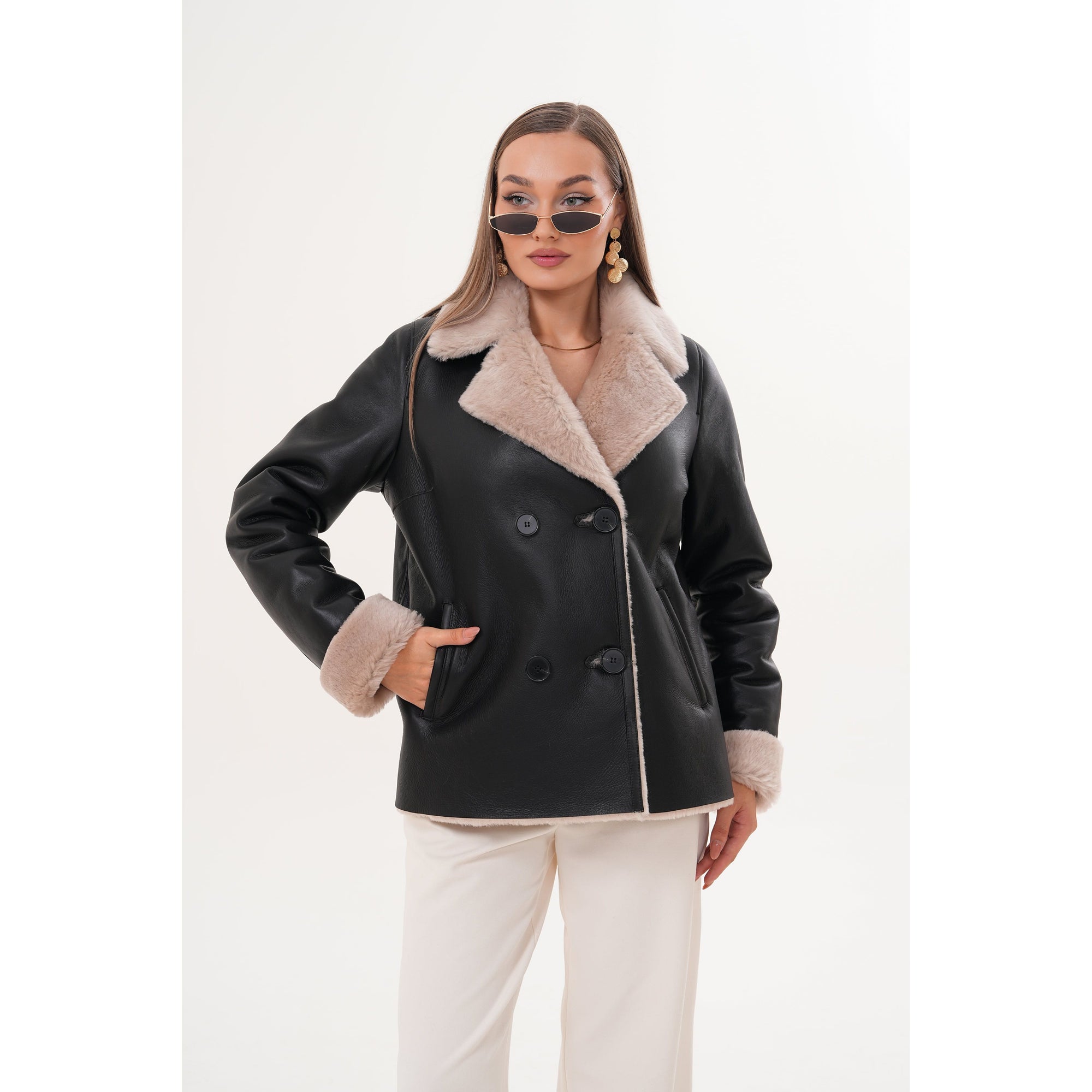 The Zurich Double-Breasted Cream Shearling Collar Leather Women Jacket