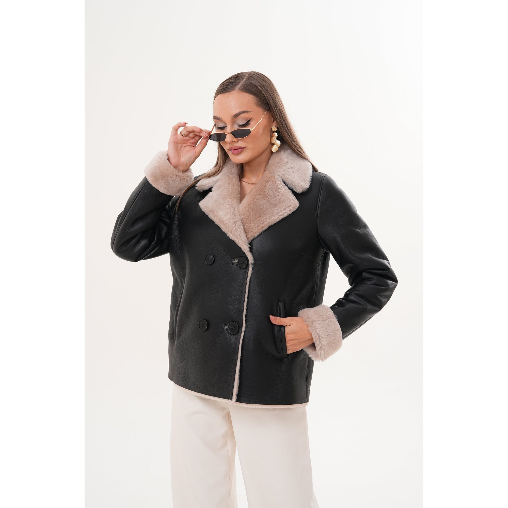 The Zurich Double-Breasted Cream Shearling Collar Leather Women Jacket