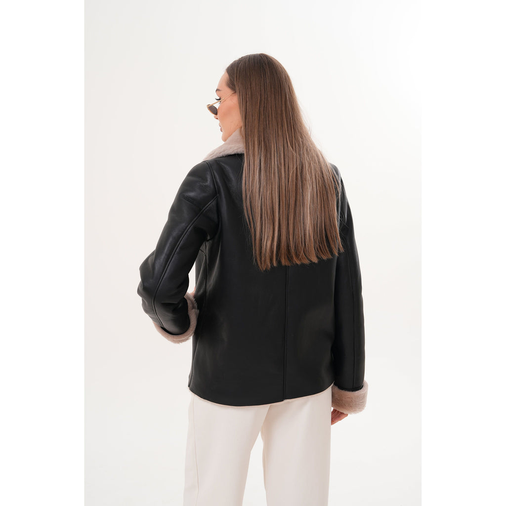 The Zurich Double-Breasted Cream Shearling Collar Leather Women Jacket