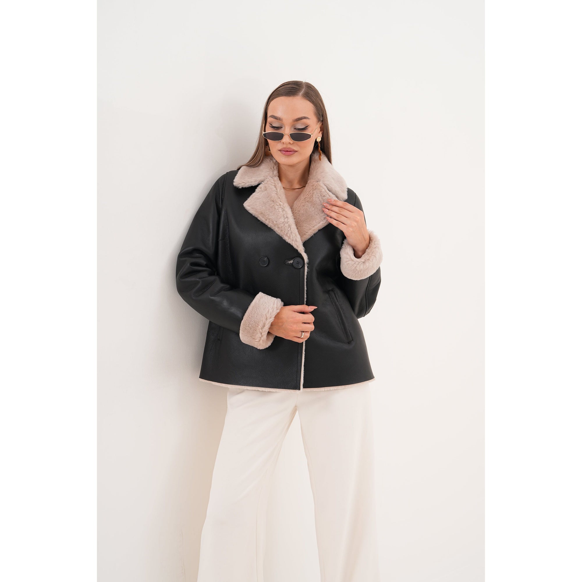 The Zurich Double-Breasted Cream Shearling Collar Leather Women Jacket