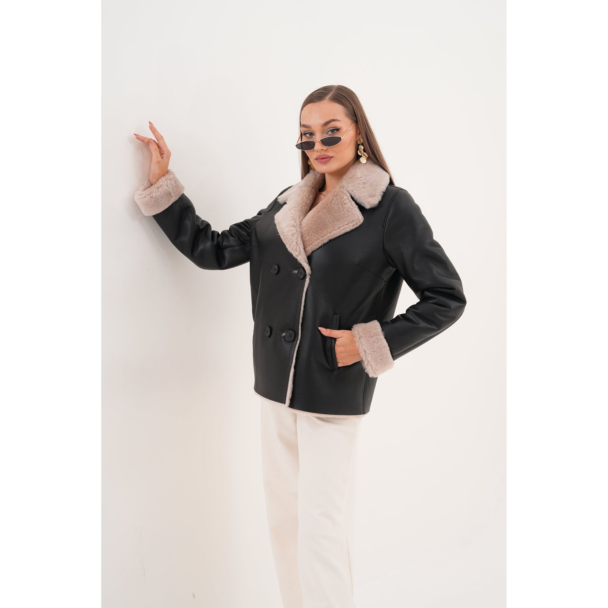 The Zurich Double-Breasted Cream Shearling Collar Leather Women Jacket