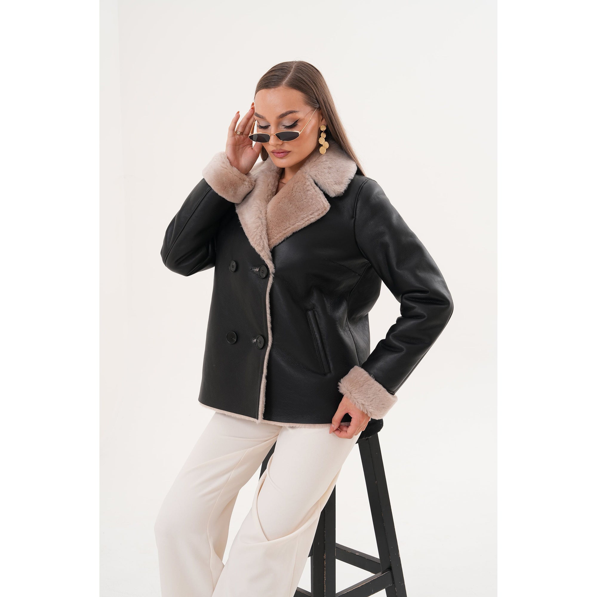 The Zurich Double-Breasted Cream Shearling Collar Leather Women Jacket