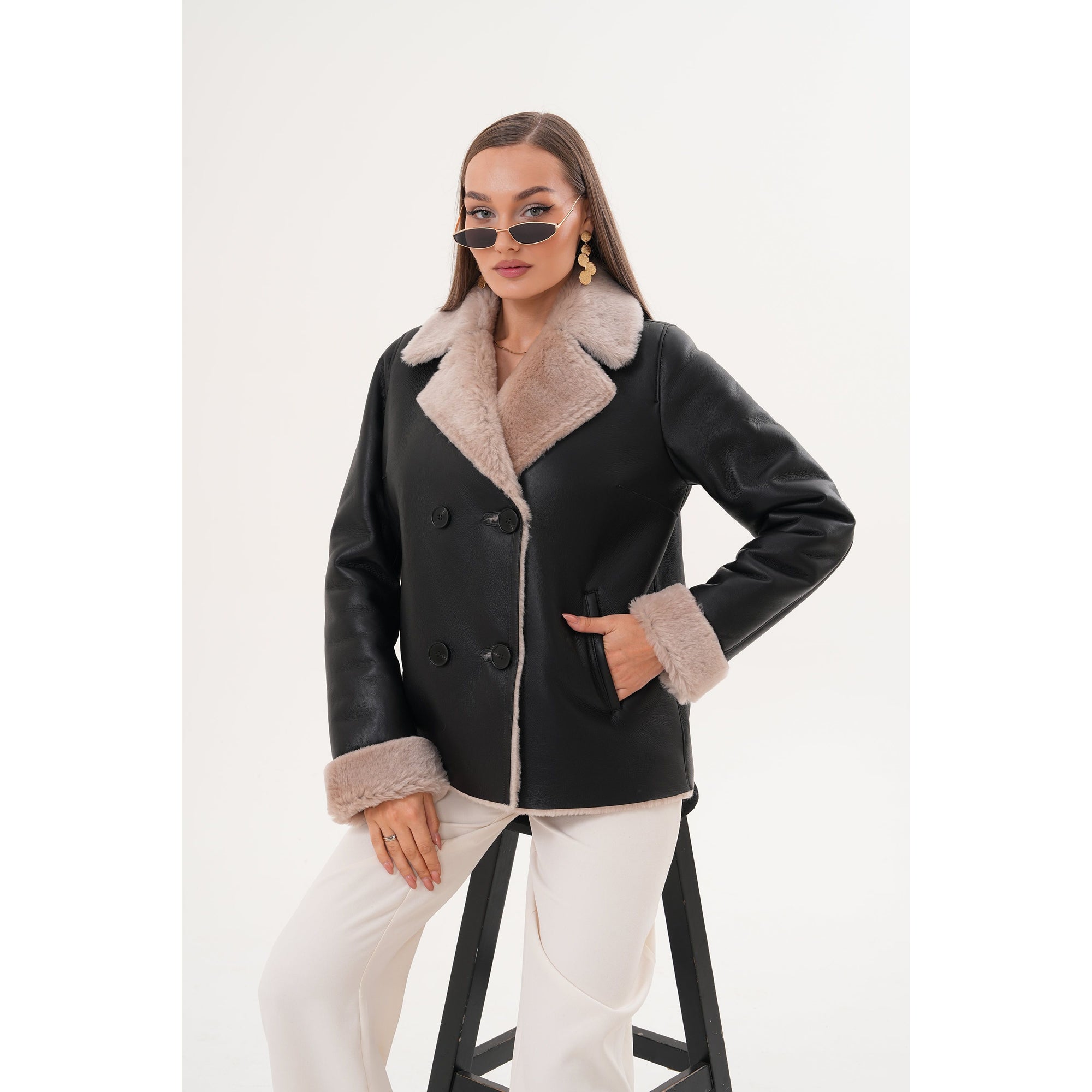 The Zurich Double-Breasted Cream Shearling Collar Leather Women Jacket