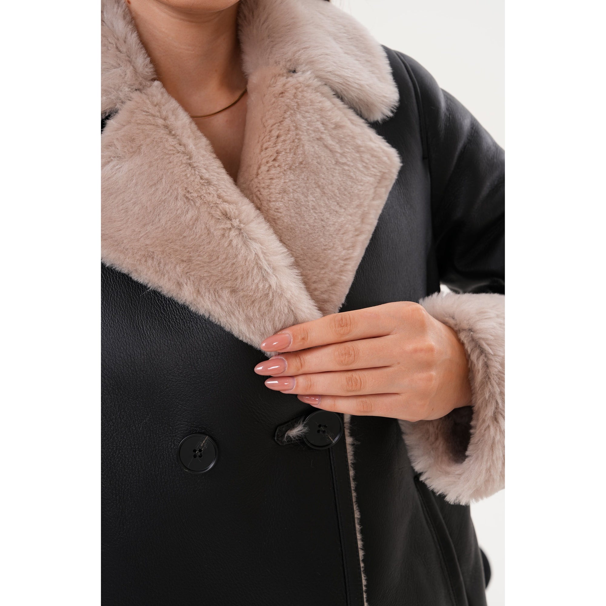The Zurich Double-Breasted Cream Shearling Collar Leather Women Jacket