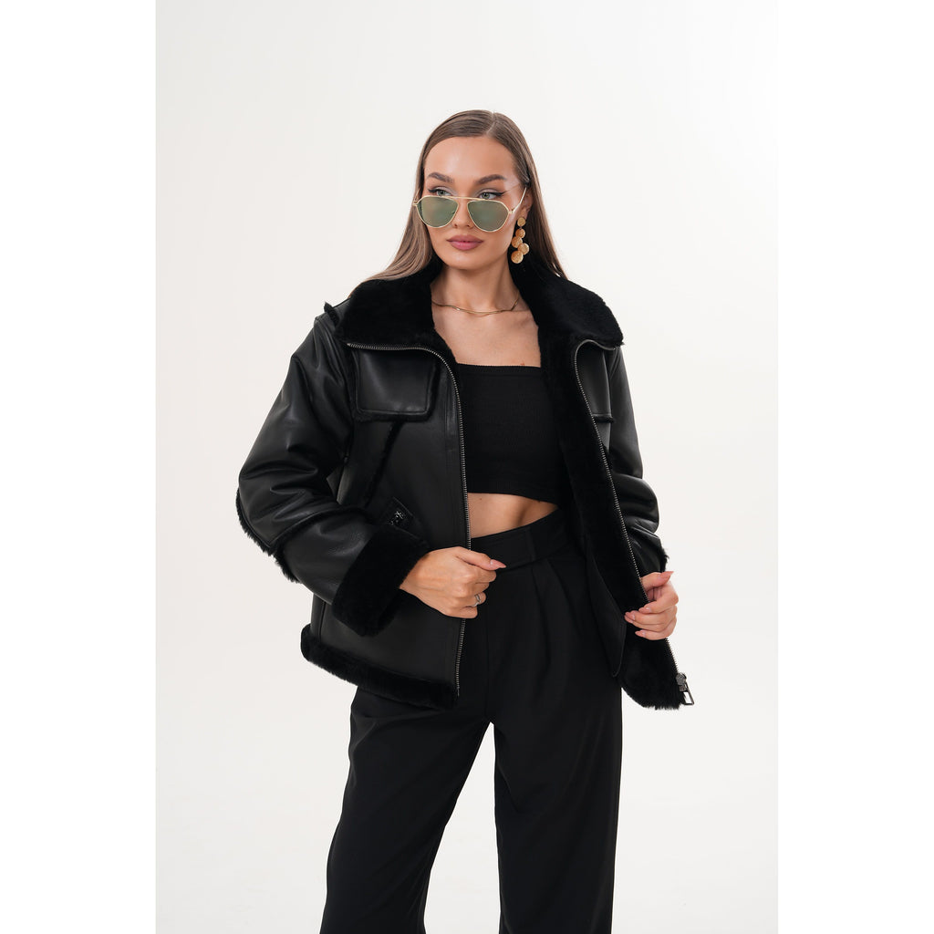 The Denali Black Shearling Leather Women Jacket