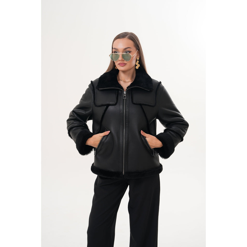 The Denali Black Shearling Leather Women Jacket