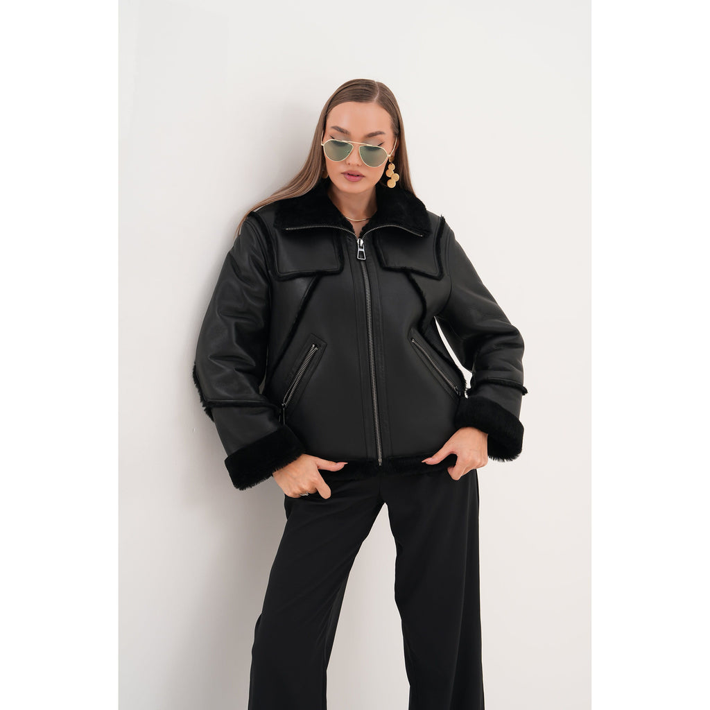 The Denali Black Shearling Leather Women Jacket
