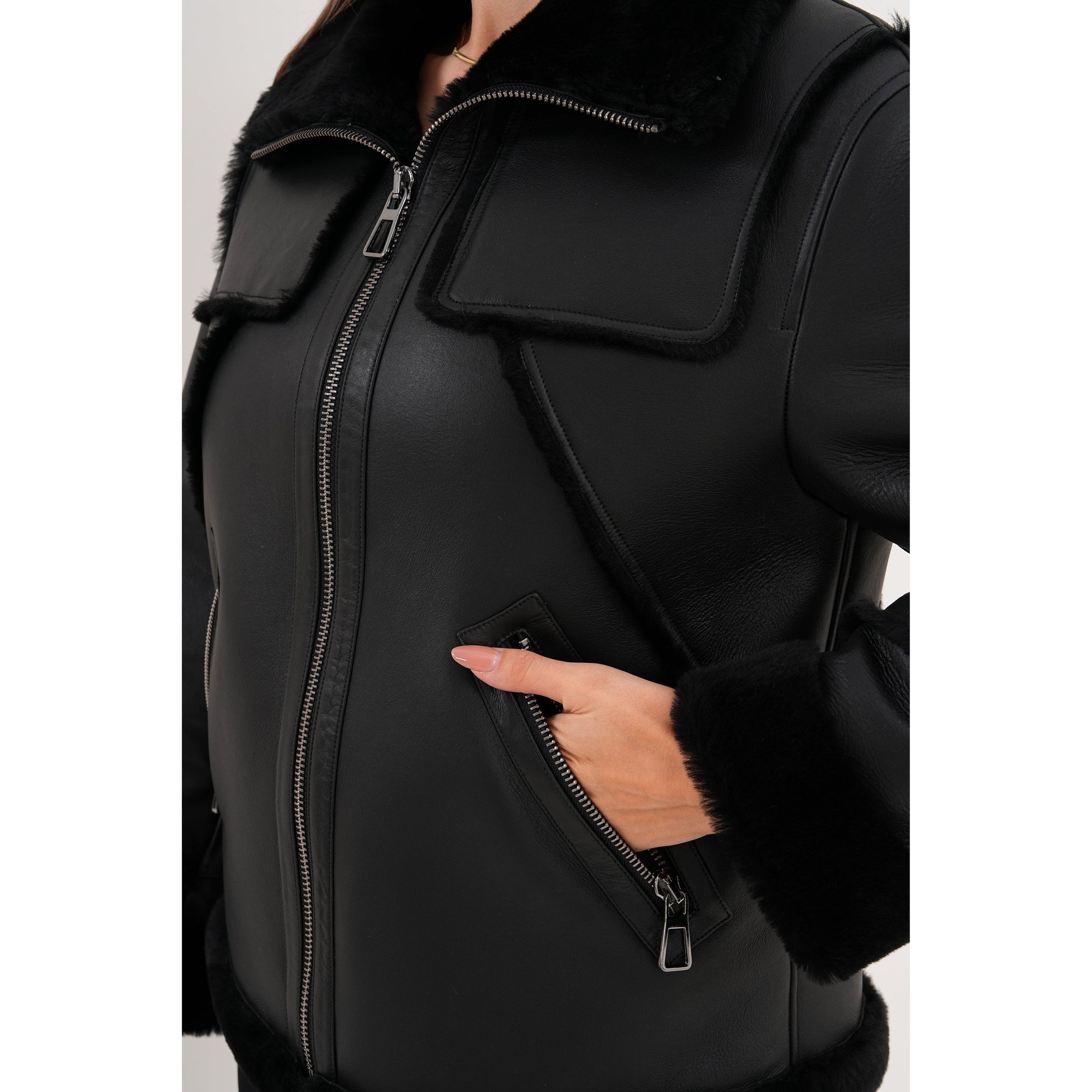 The Denali Black Shearling Leather Women Jacket