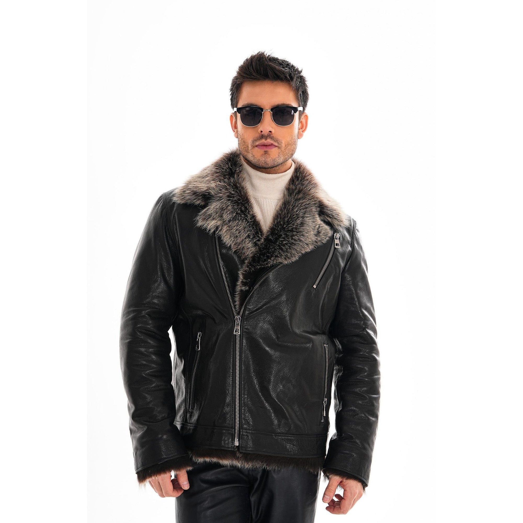 Vinci The Cortina Black Shearling Leather Men Jacket