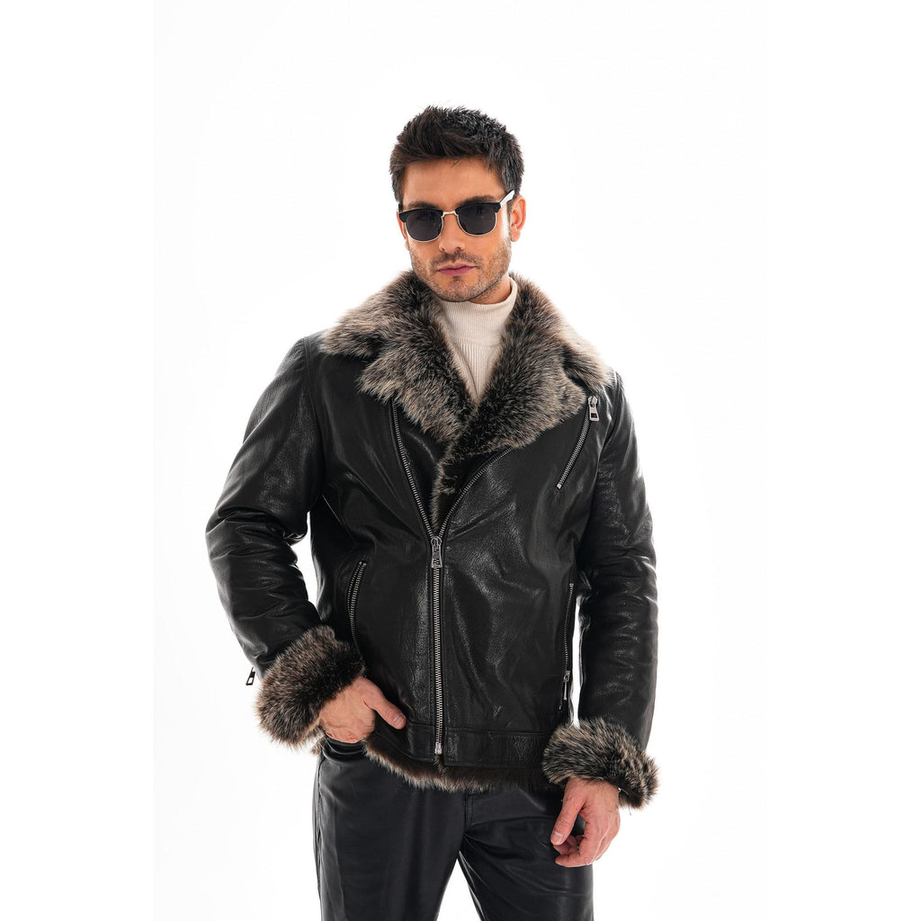 Vinci The Cortina Black Shearling Leather Men Jacket