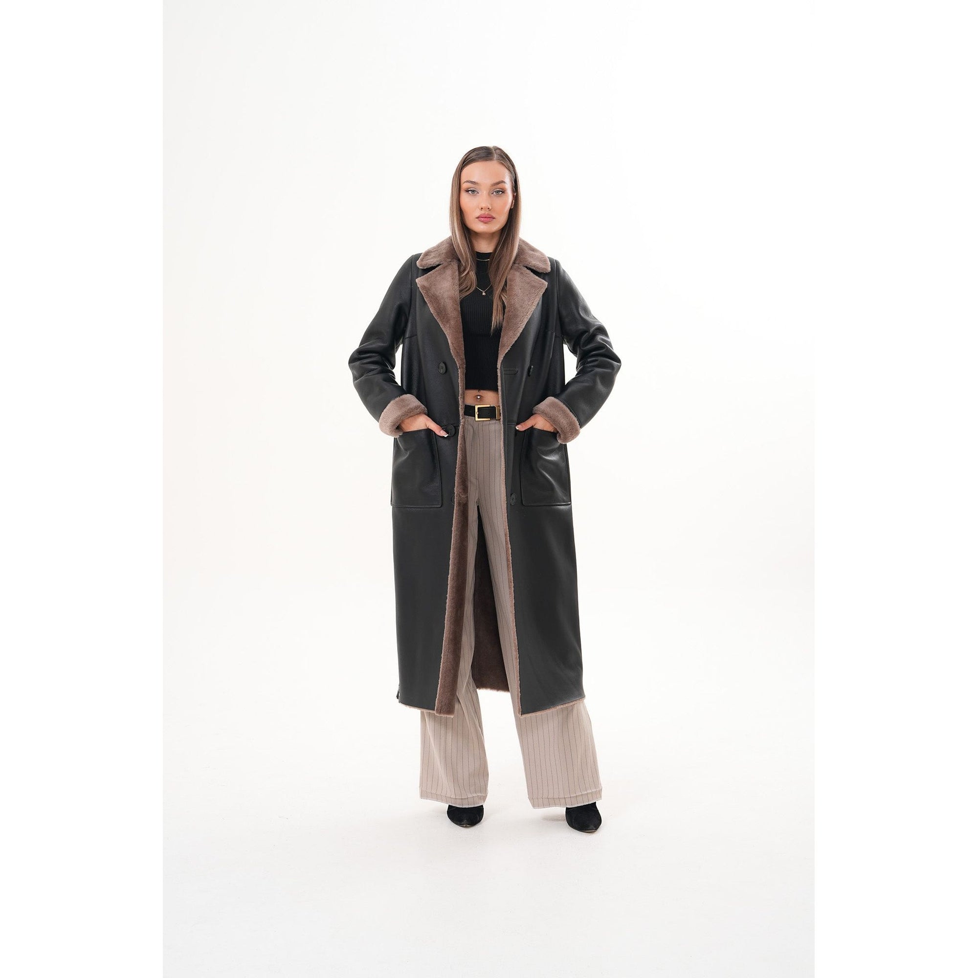 Vinci The Florence Long Shearling Black Leather Women Jacket