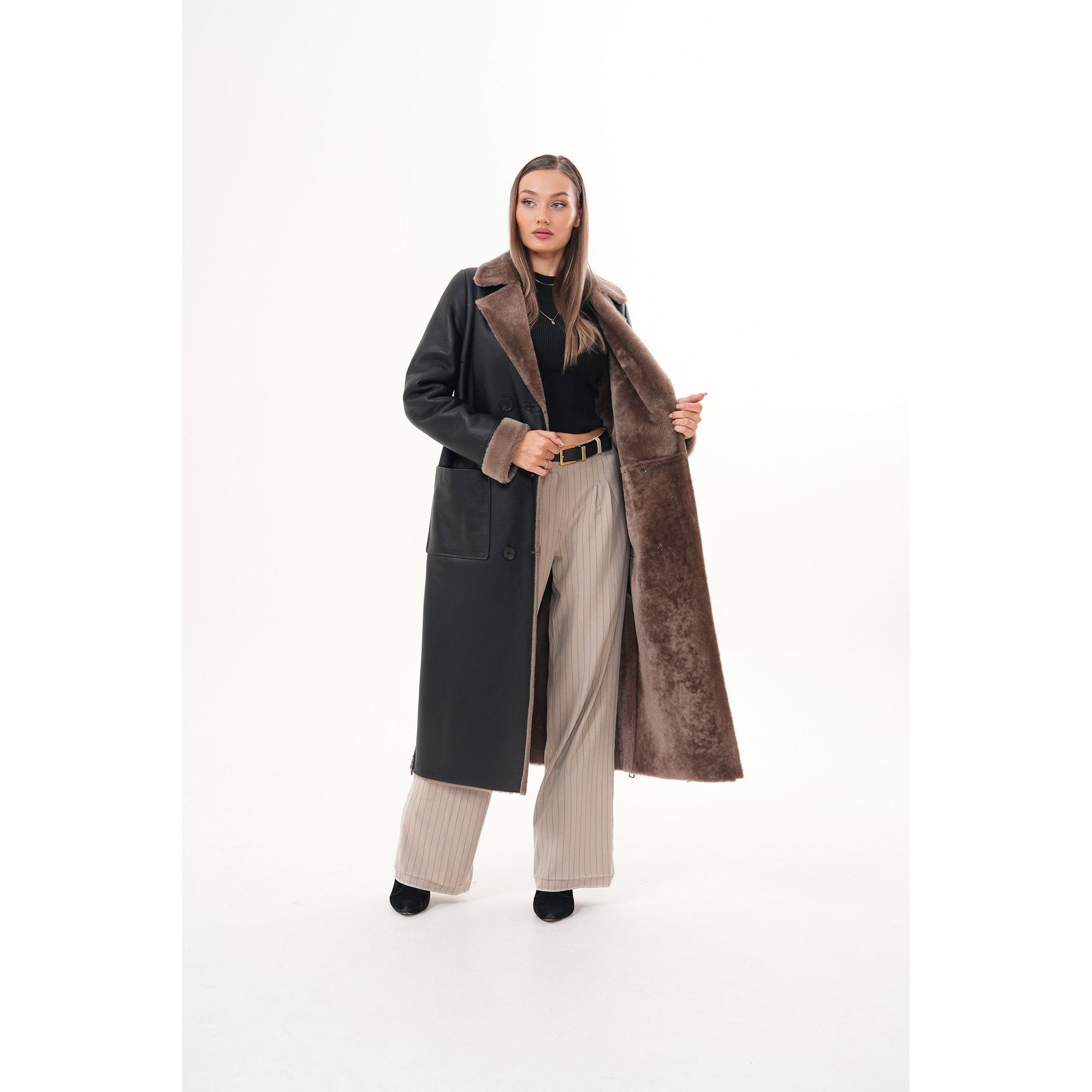 Vinci The Florence Long Shearling Black Leather Women Jacket