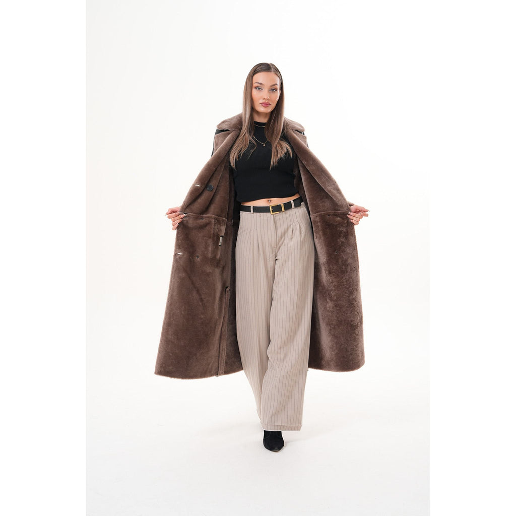 Vinci The Florence Long Shearling Black Leather Women Jacket