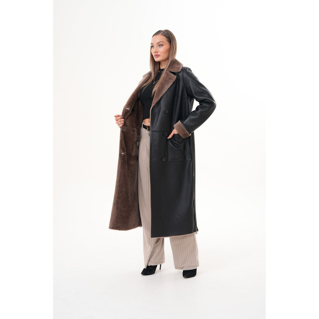 Vinci The Florence Long Shearling Black Leather Women Jacket