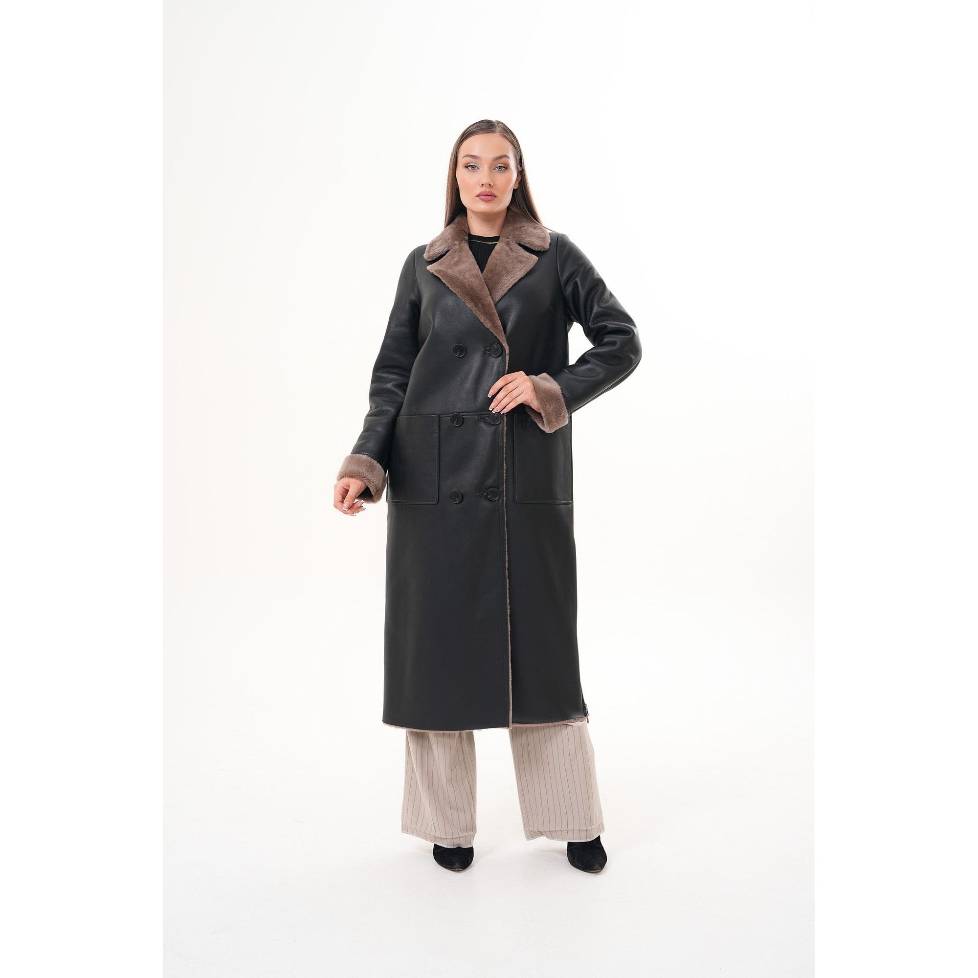 Vinci The Florence Long Shearling Black Leather Women Jacket