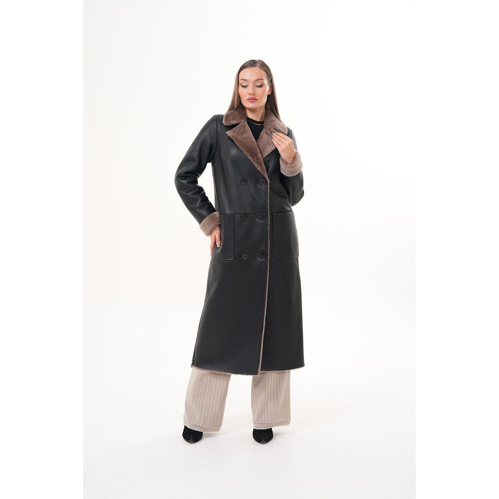 Vinci The Florence Long Shearling Black Leather Women Jacket