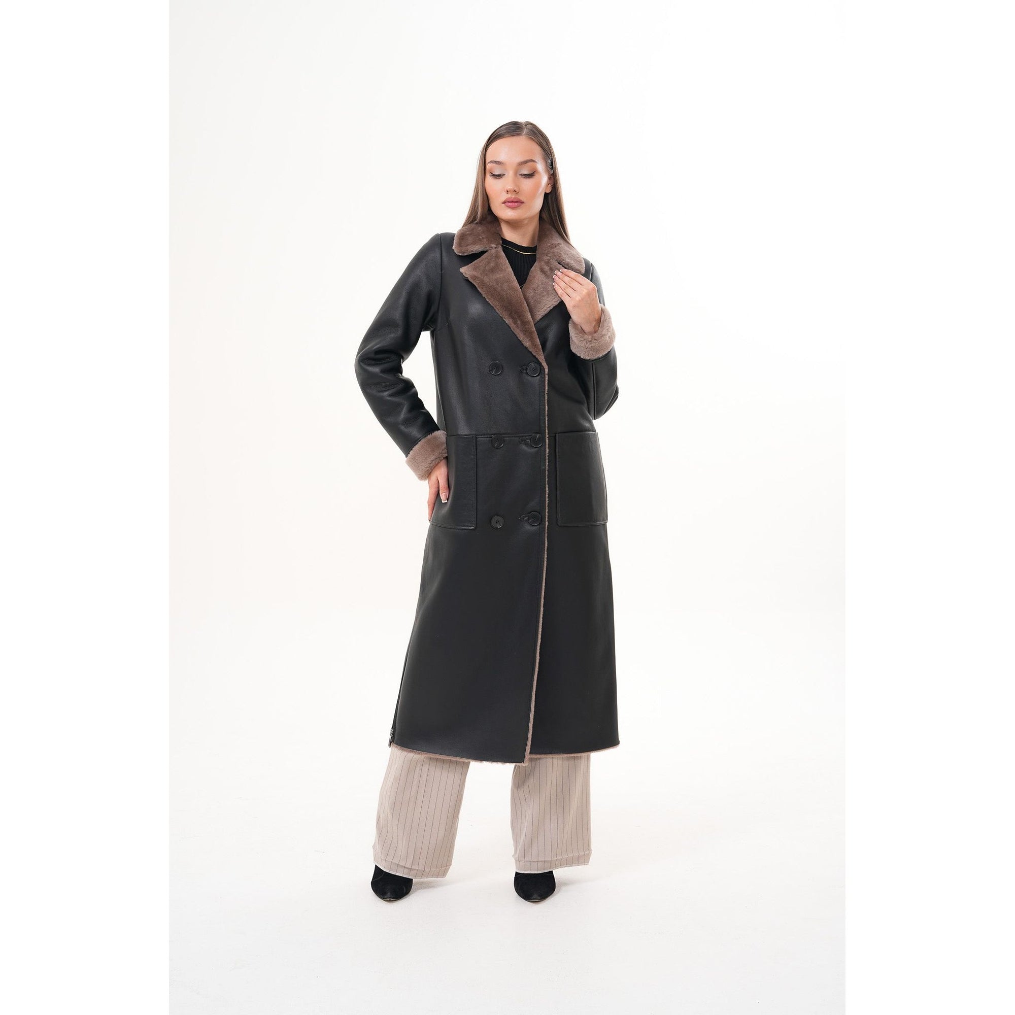 Vinci The Florence Long Shearling Black Leather Women Jacket