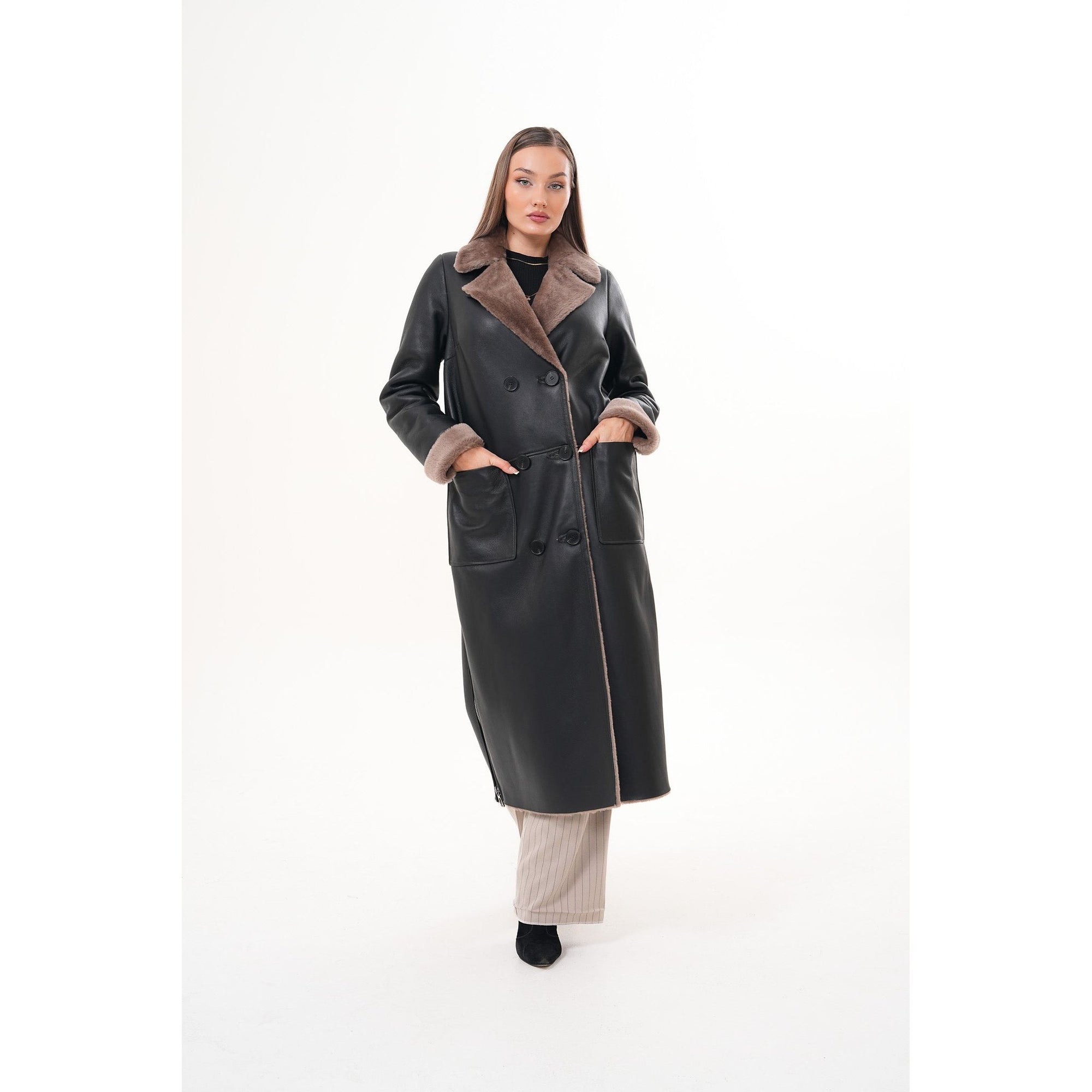 Vinci The Florence Long Shearling Black Leather Women Jacket