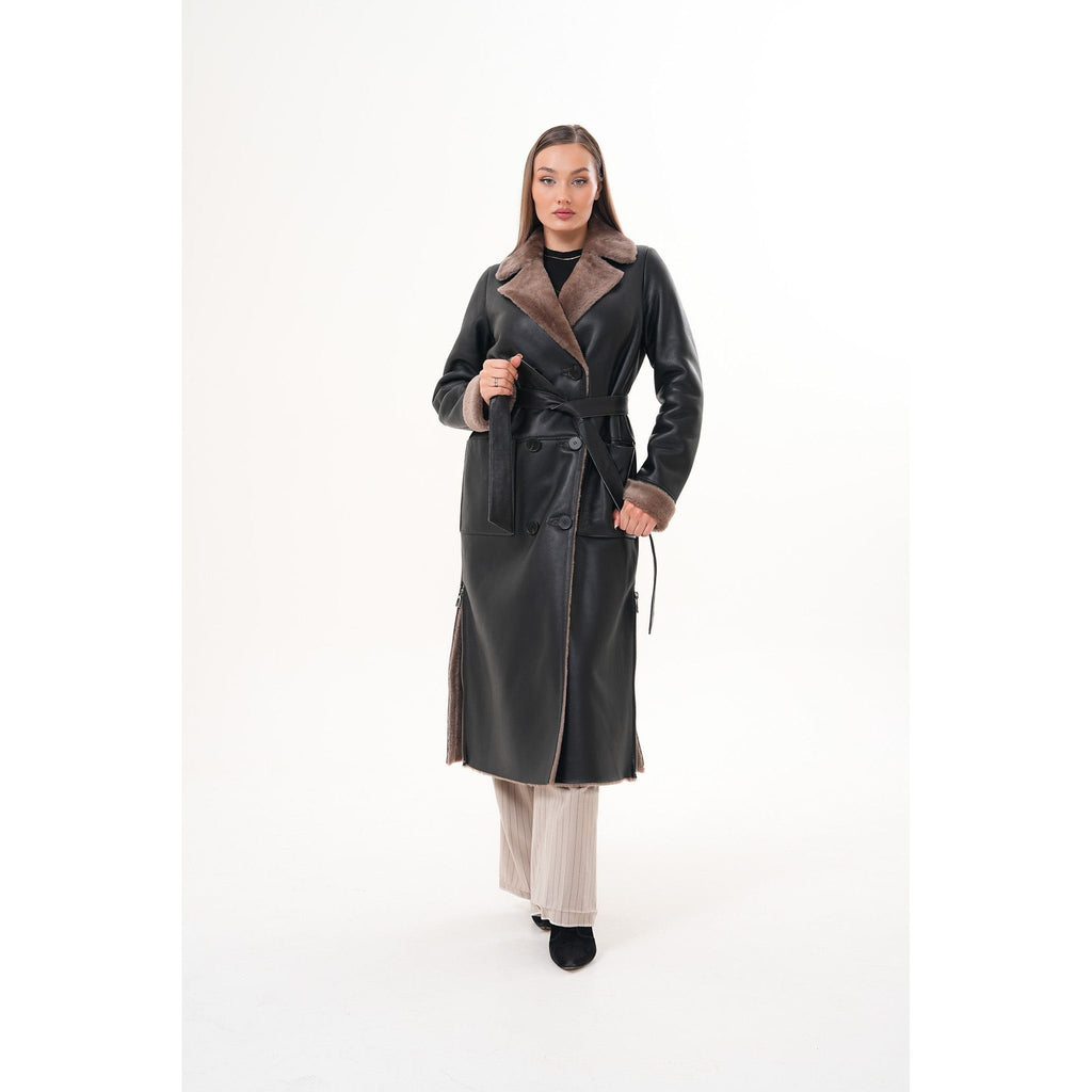Vinci The Florence Long Shearling Black Leather Women Jacket
