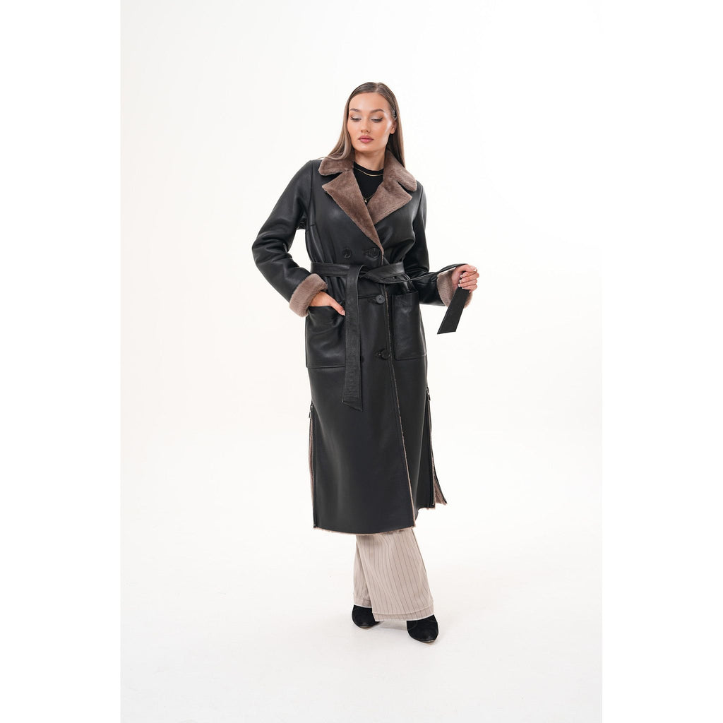 Vinci The Florence Long Shearling Black Leather Women Jacket