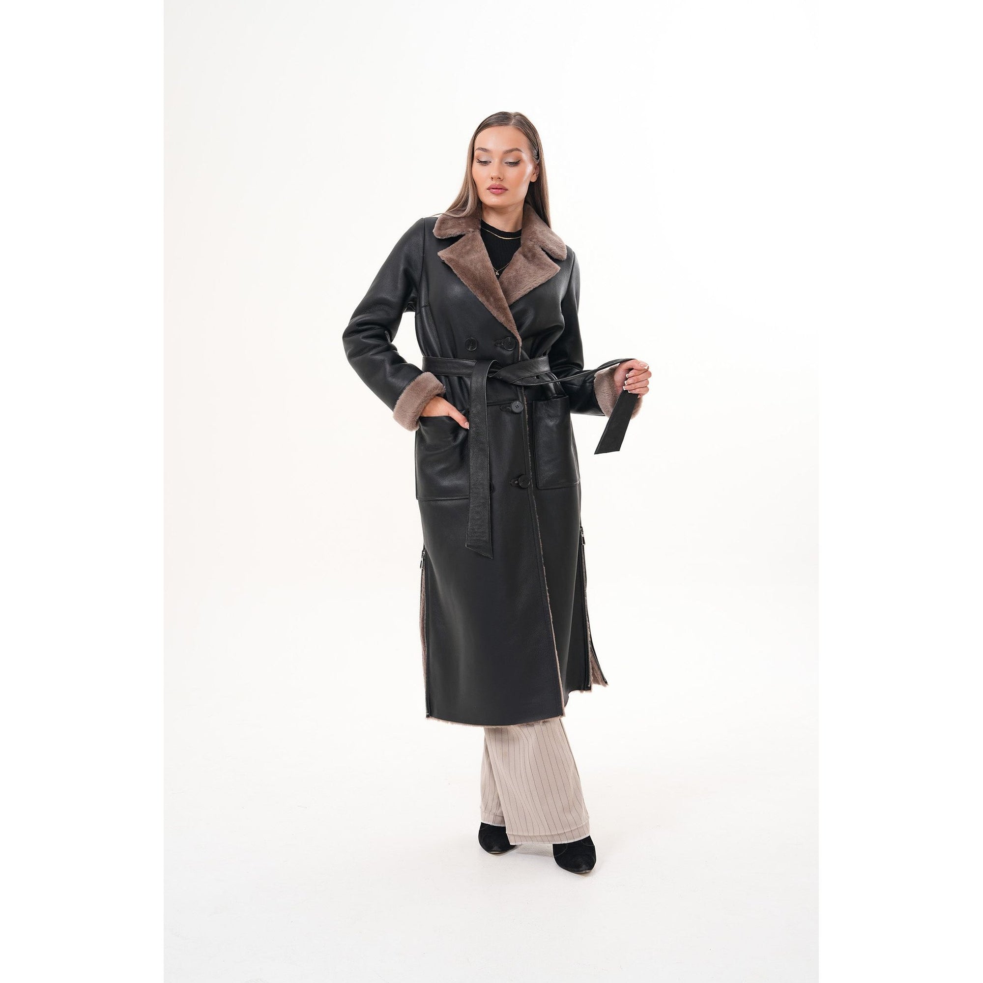 Vinci The Florence Long Shearling Black Leather Women Jacket