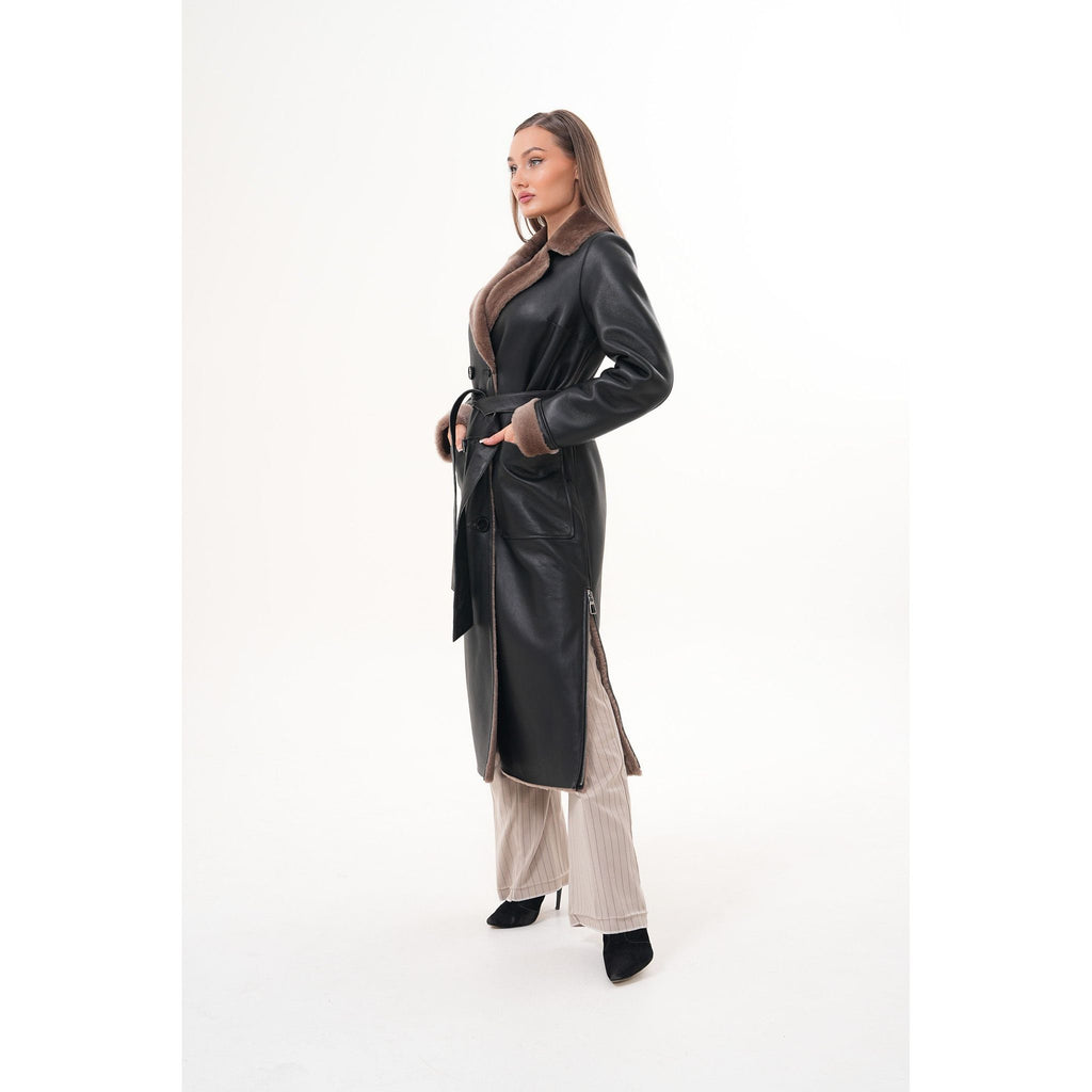 Vinci The Florence Long Shearling Black Leather Women Jacket