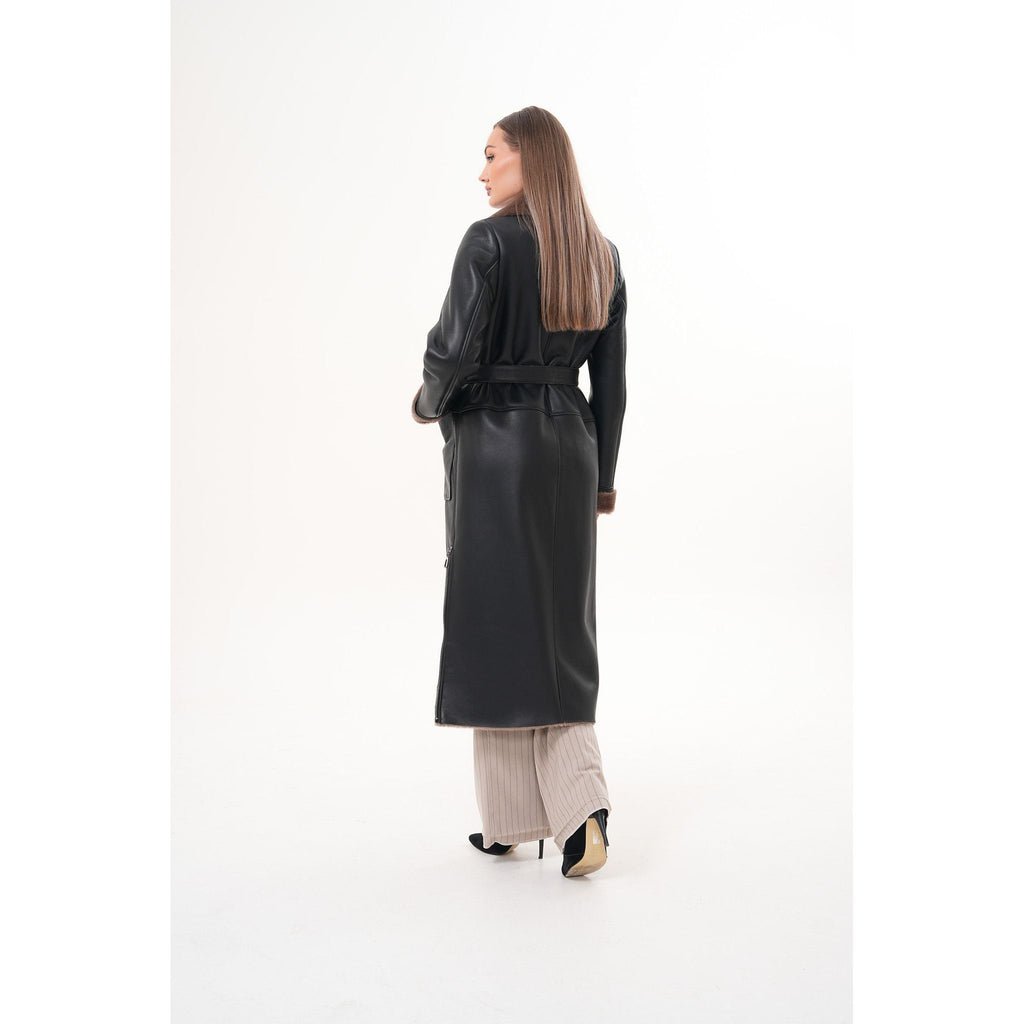 Vinci The Florence Long Shearling Black Leather Women Jacket