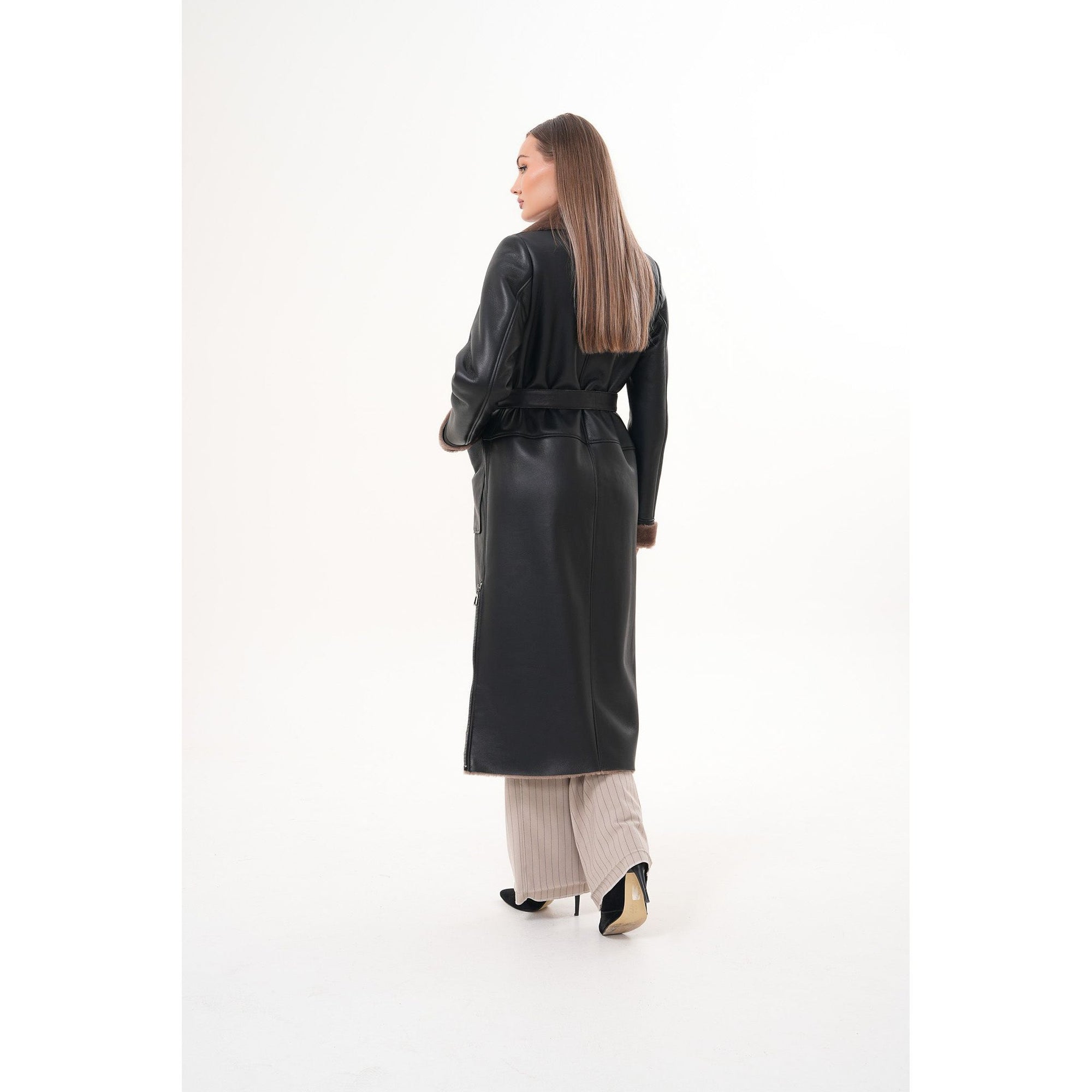 Vinci The Florence Long Shearling Black Leather Women Jacket