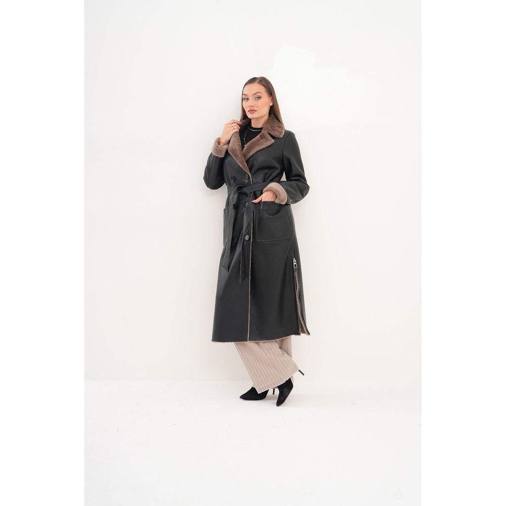 Vinci The Florence Long Shearling Black Leather Women Jacket