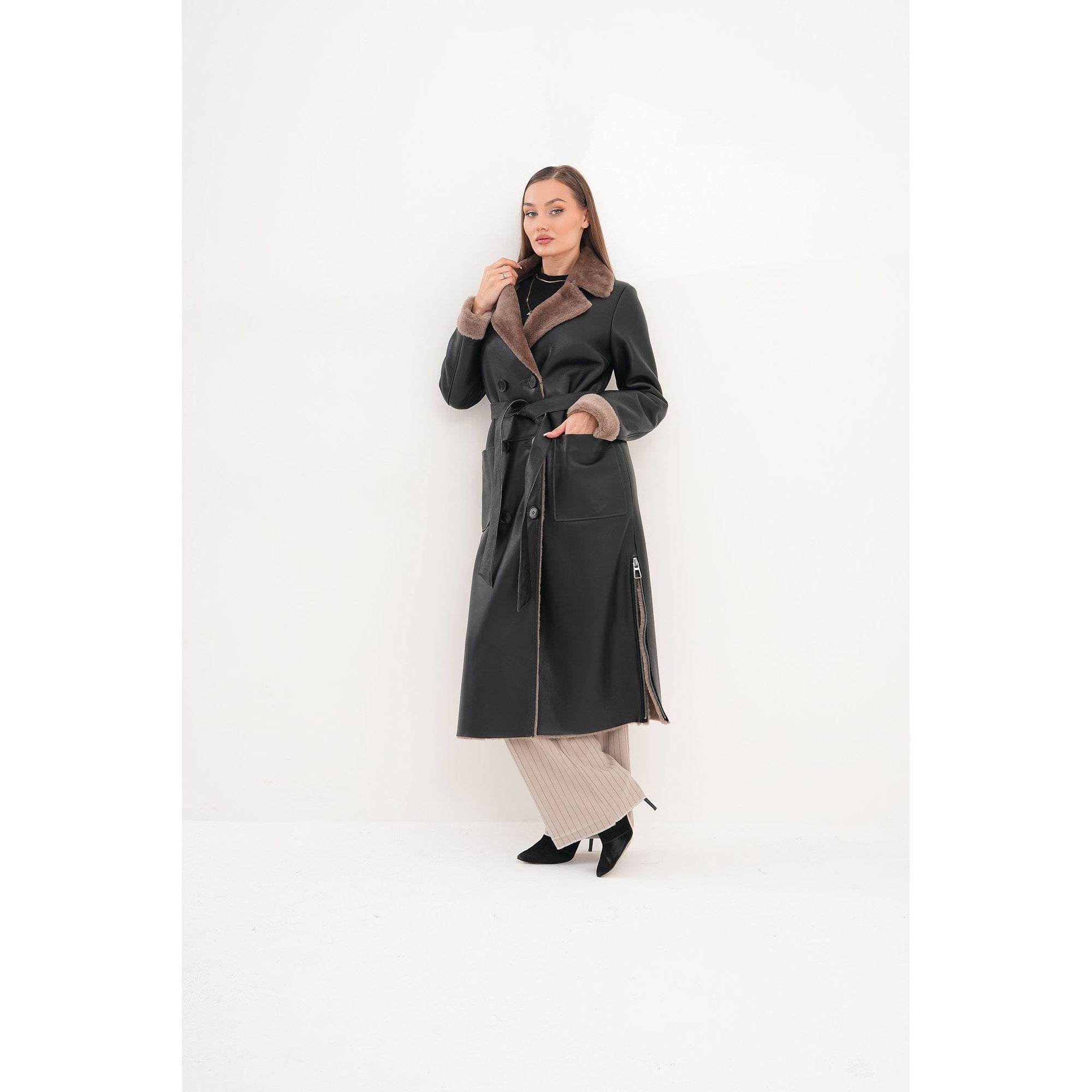 Vinci The Florence Long Shearling Black Leather Women Jacket