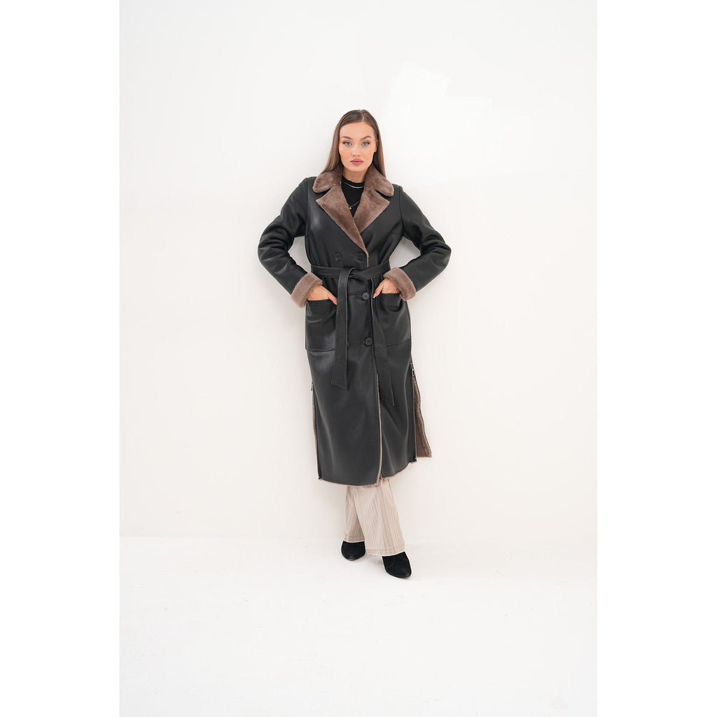 Vinci The Florence Long Shearling Black Leather Women Jacket