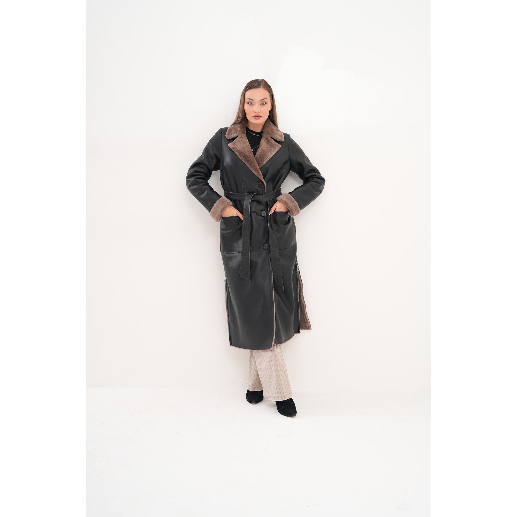 Vinci The Florence Long Shearling Black Leather Women Jacket