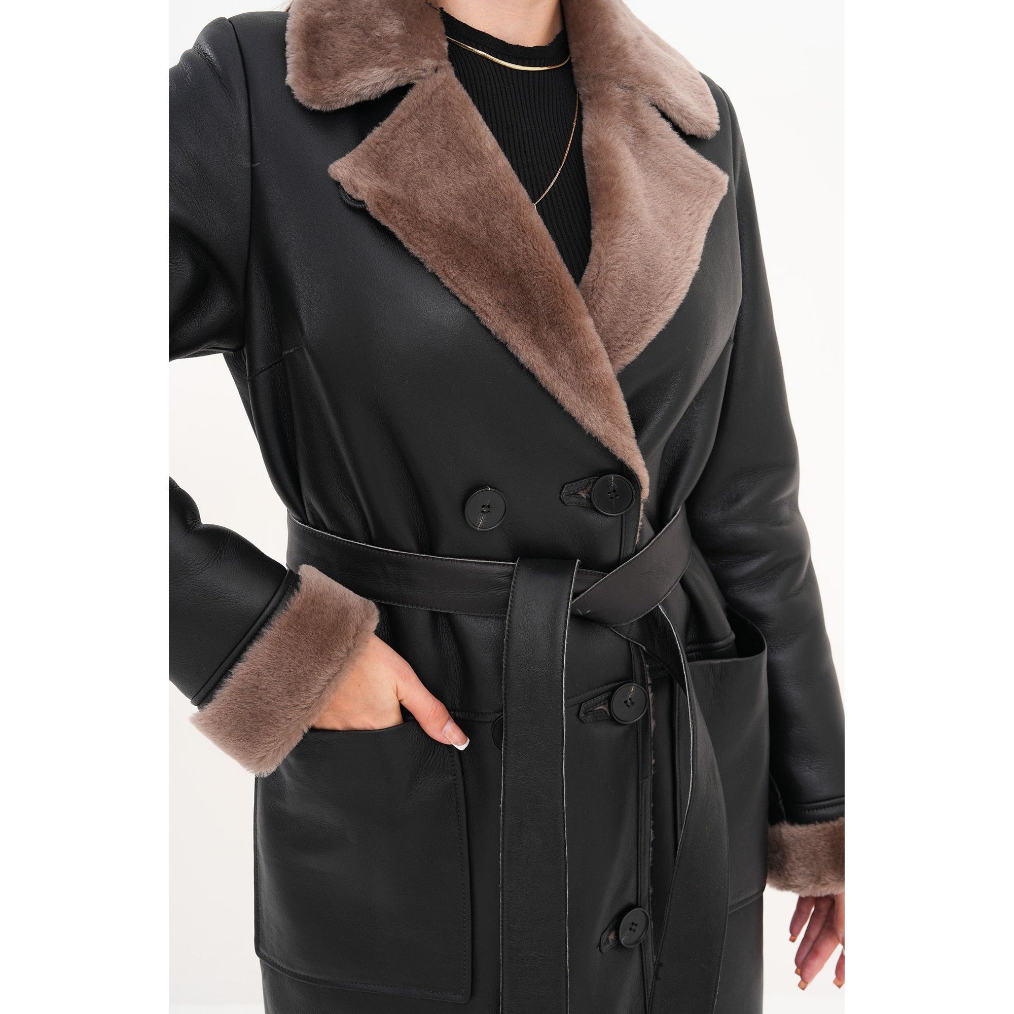 Vinci The Florence Long Shearling Black Leather Women Jacket