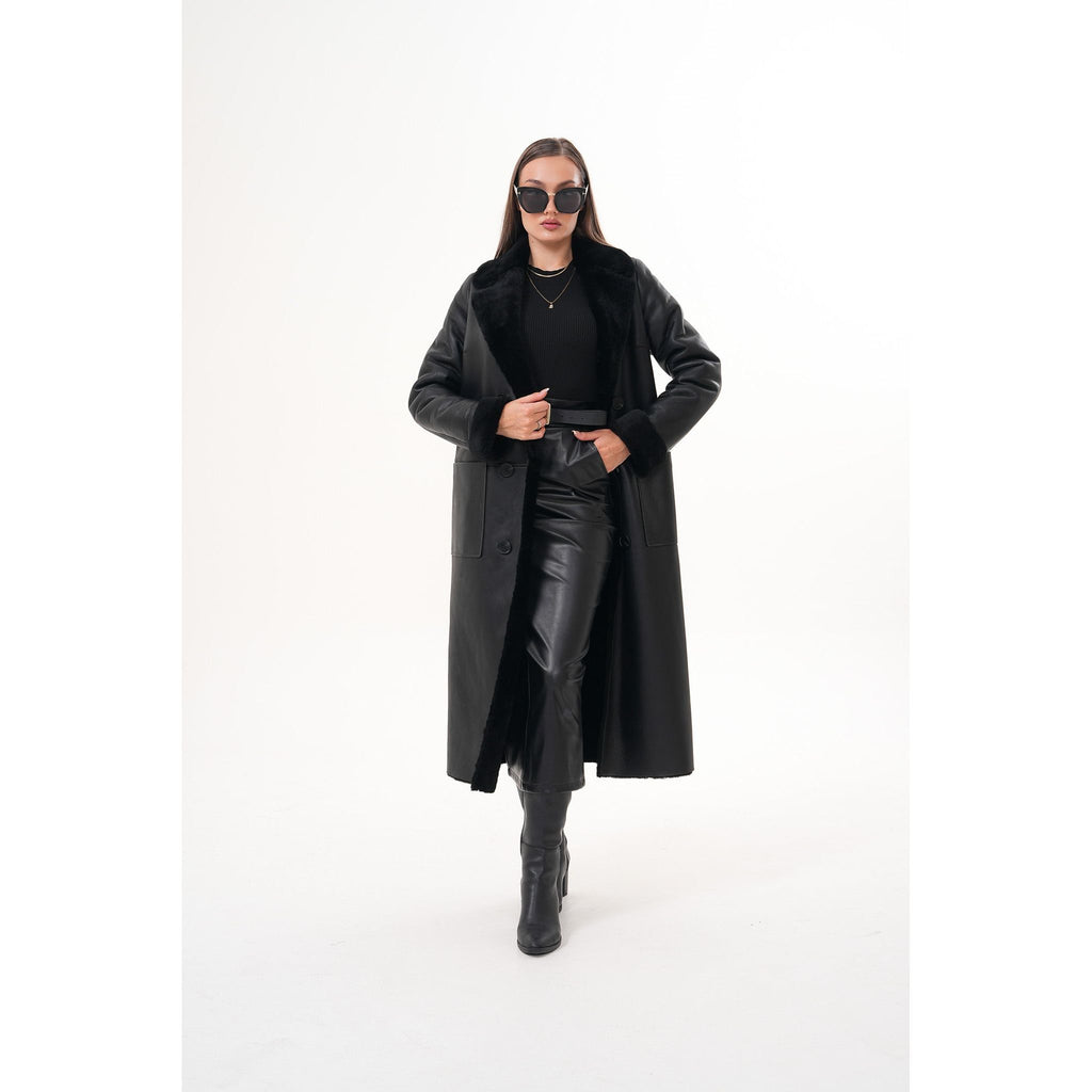 Vinci The Raven Long Shearling Black Leather Women Leather Jacket