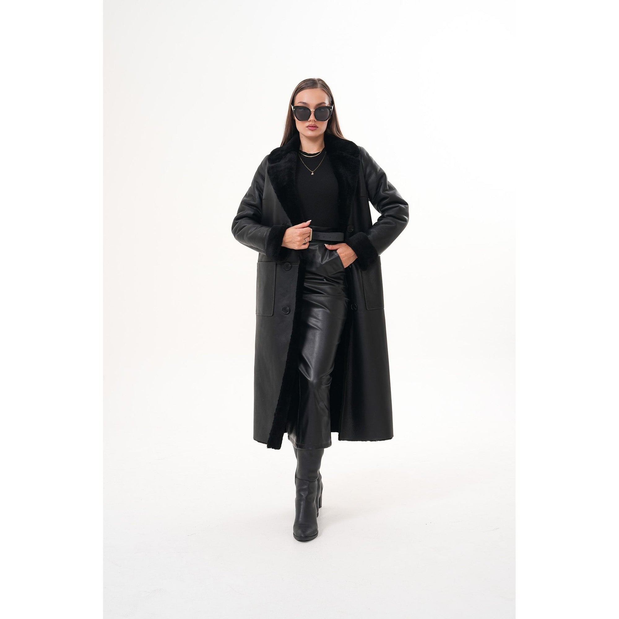 Vinci The Raven Long Shearling Black Leather Women Leather Jacket