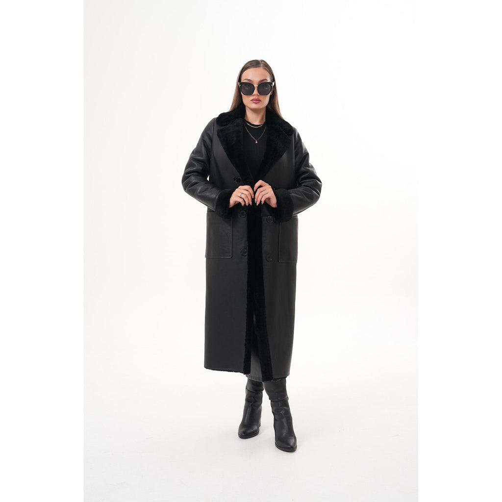 Vinci The Raven Long Shearling Black Leather Women Leather Jacket