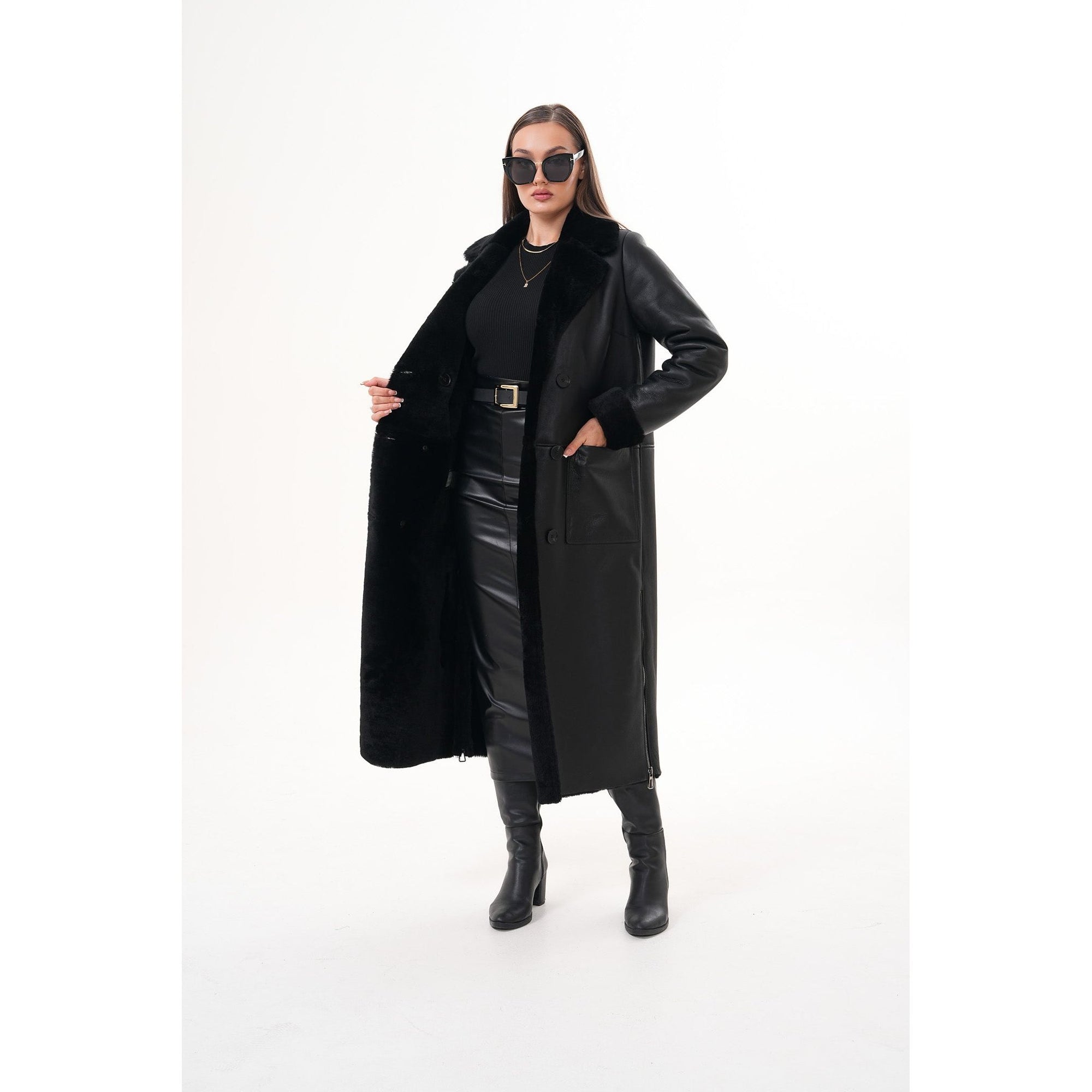 Vinci The Raven Long Shearling Black Leather Women Leather Jacket