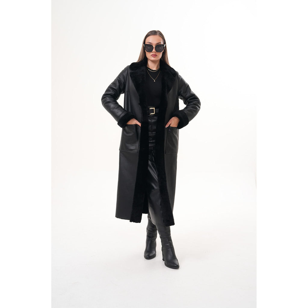 Vinci The Raven Long Shearling Black Leather Women Leather Jacket