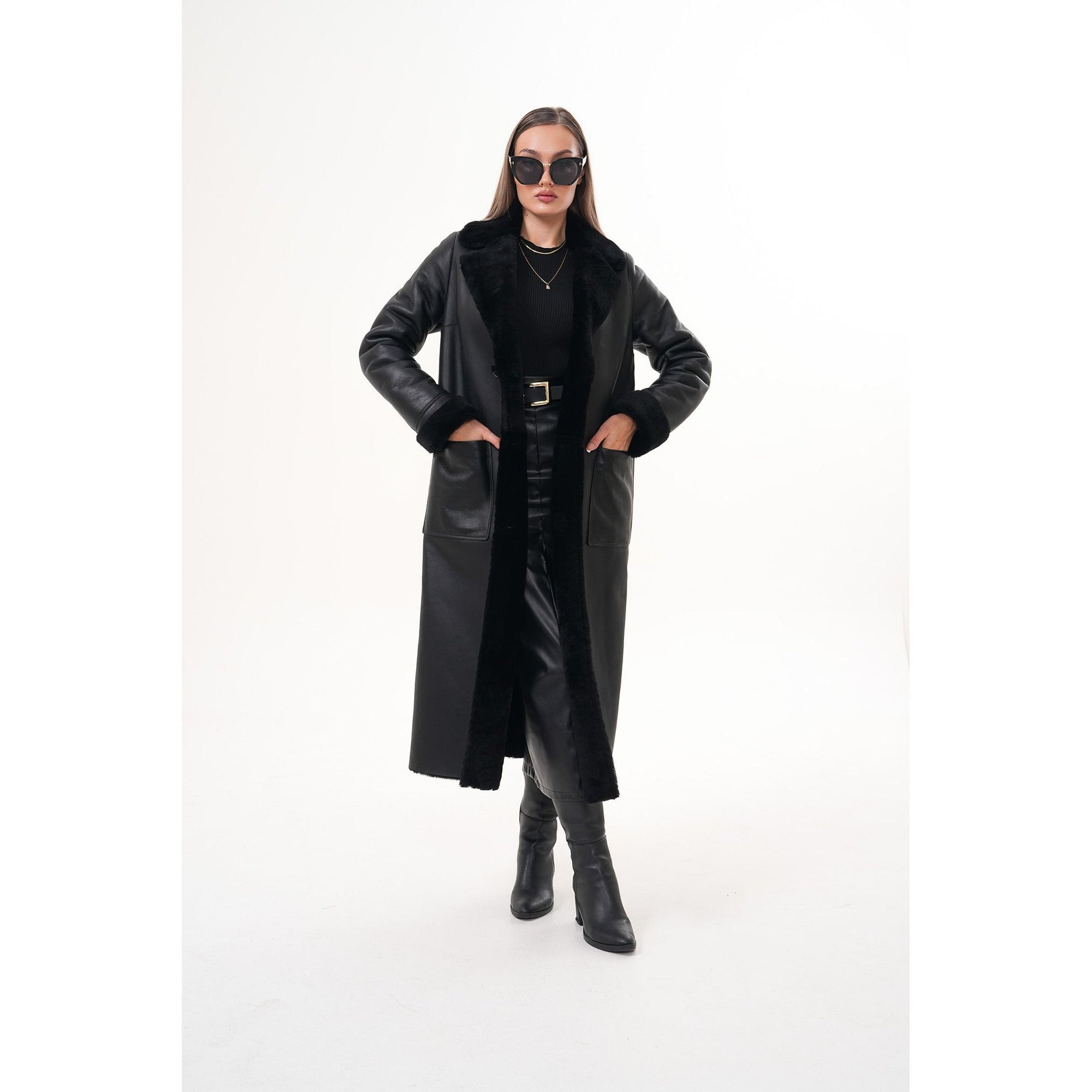 Vinci The Raven Long Shearling Black Leather Women Leather Jacket