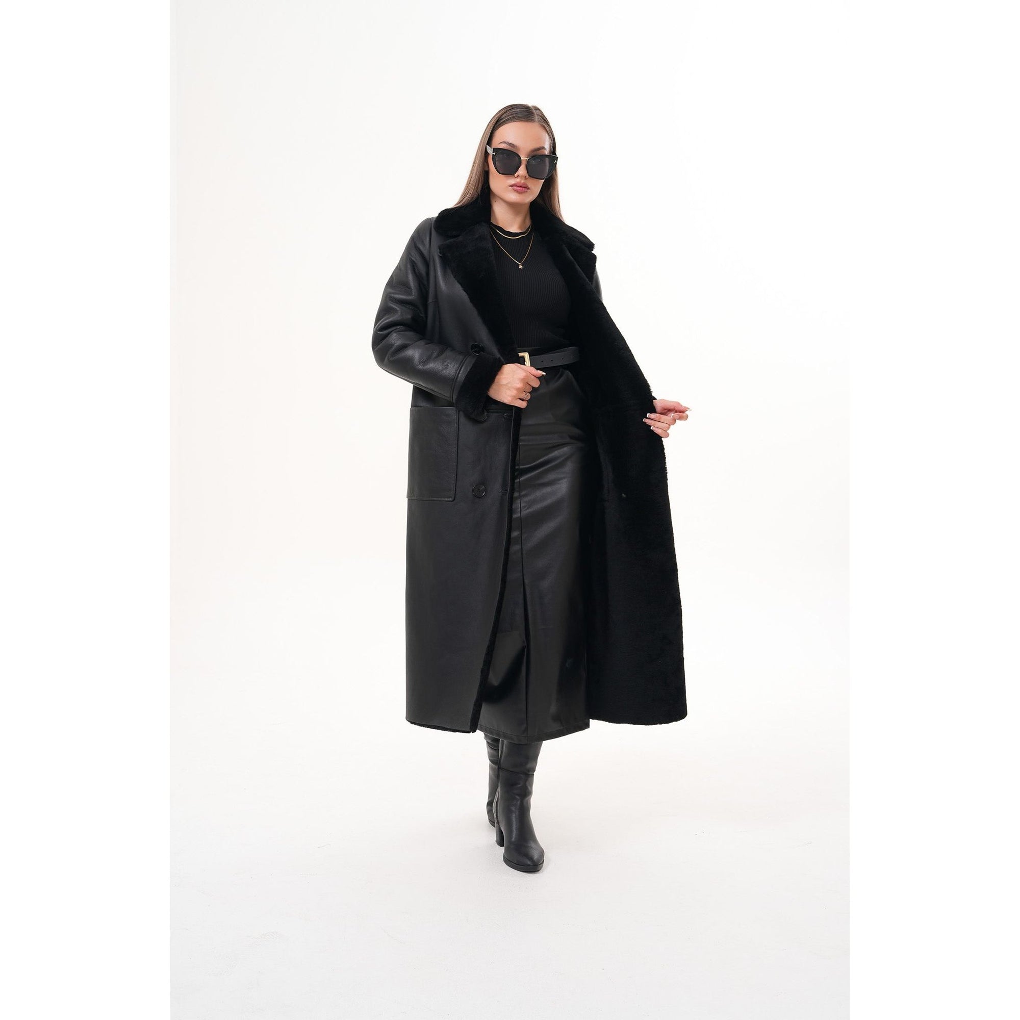 Vinci The Raven Long Shearling Black Leather Women Leather Jacket