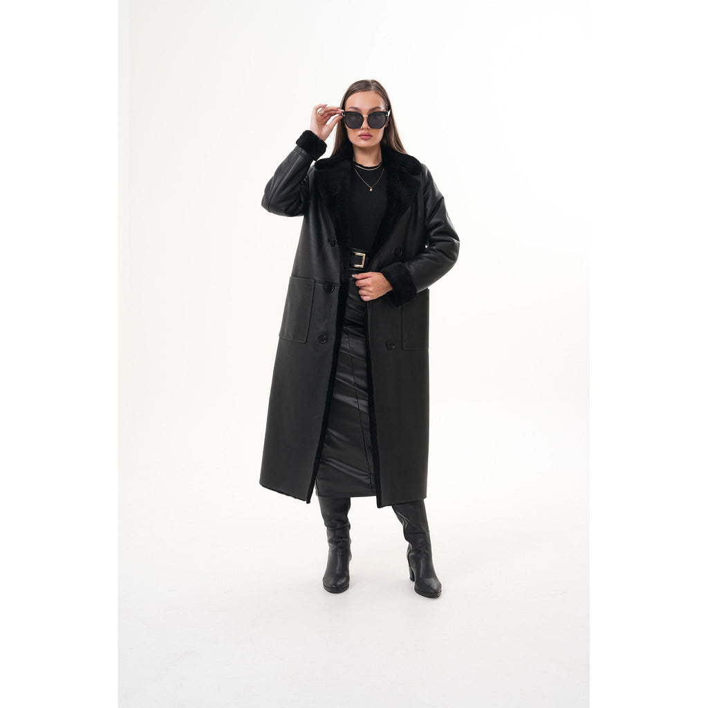 Vinci The Raven Long Shearling Black Leather Women Leather Jacket