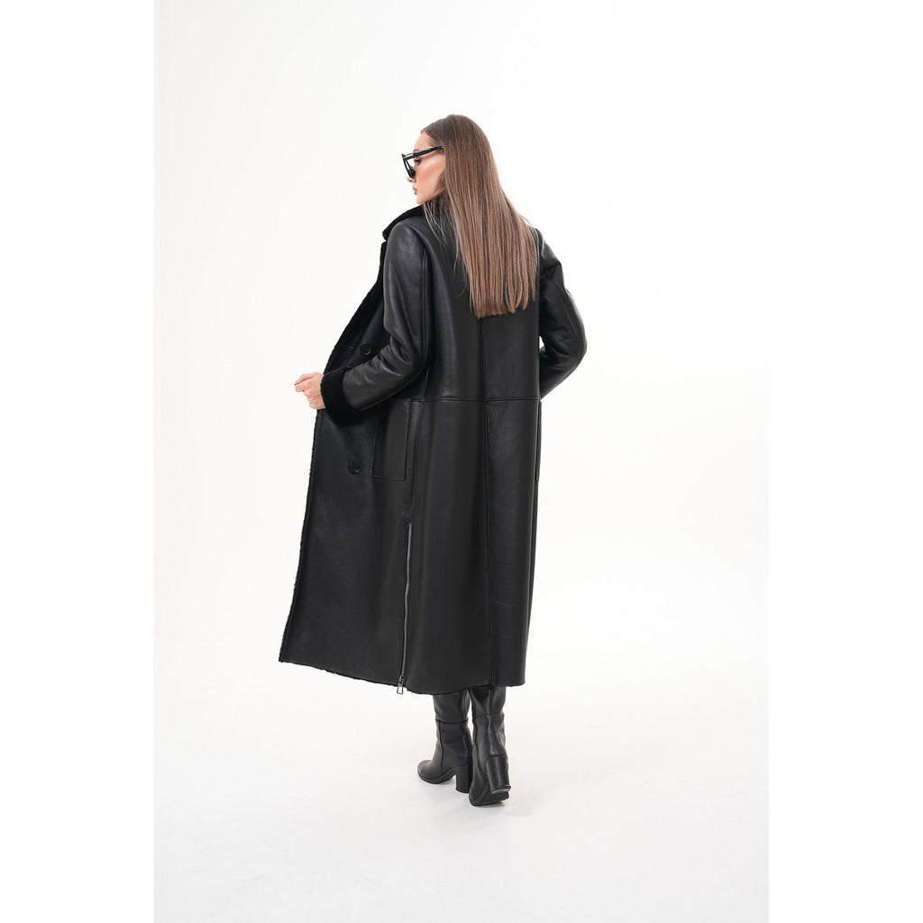 Vinci The Raven Long Shearling Black Leather Women Leather Jacket